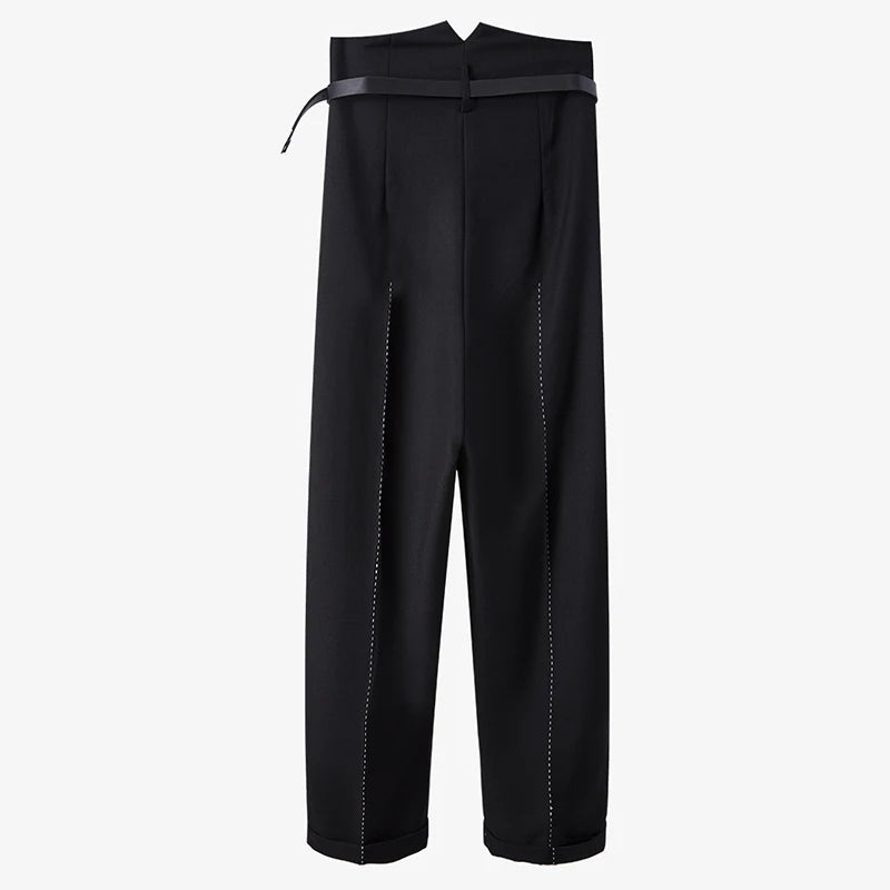 Women's Black Pleated High Waist Wide Leg Pants - Fashionable Straight Trousers with Sash Detail | Perfect for Office Wear, Casual Outfits & Special Occasions