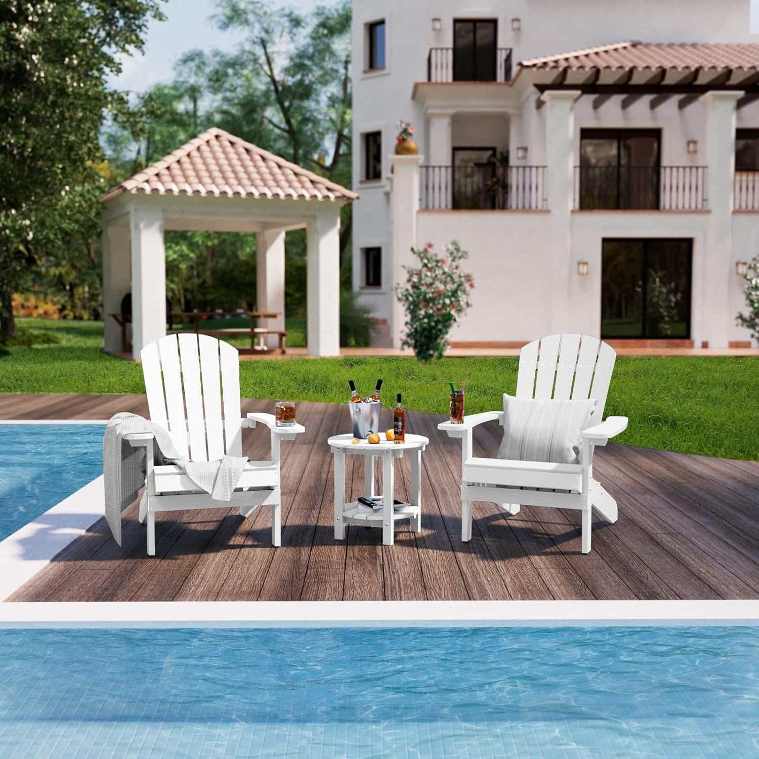 Weather-Resistant YEFU Plastic Adirondack Chairs - 5-Step Easy Assembly, Real Wood Look - Perfect for Patio, Deck, Lawn, Garden & Fire Pit Outdoor Seating (White)
