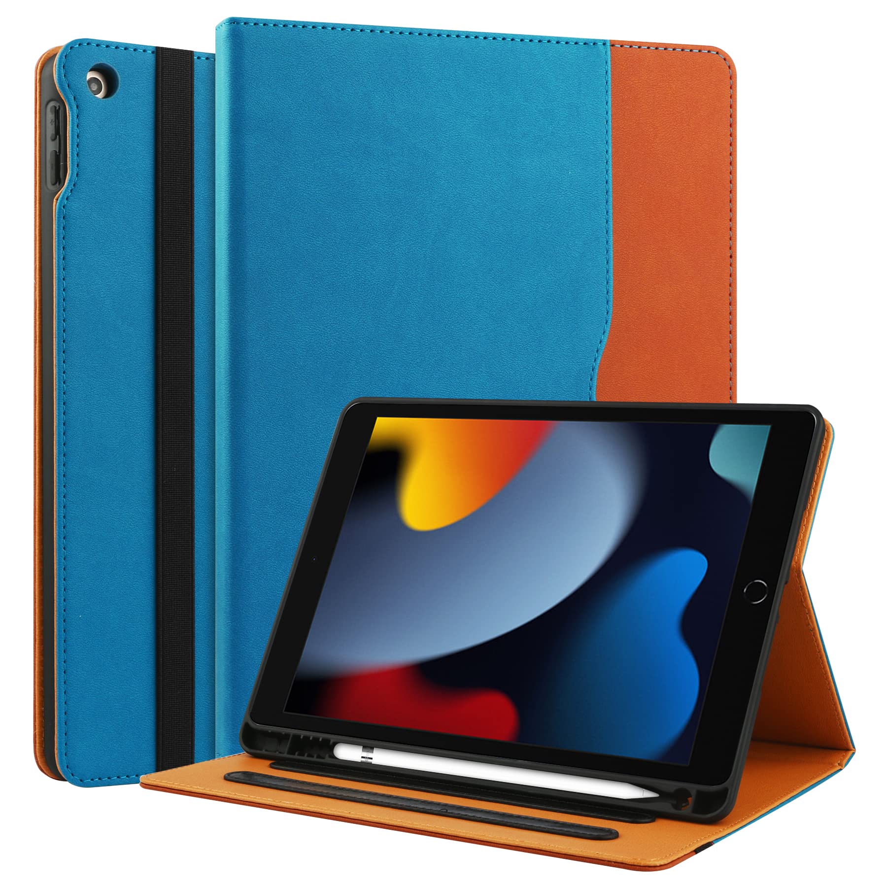 Premium iPad 9th/8th/7th Generation Case (2021/2020/2019) - 10.2 Inch Protective Cover with Built-in Apple Pencil Holder, Multi-Angle Folio Stand & Auto Sleep/Wake Function - Perfect for Work, School & Travel - Blue/Brown