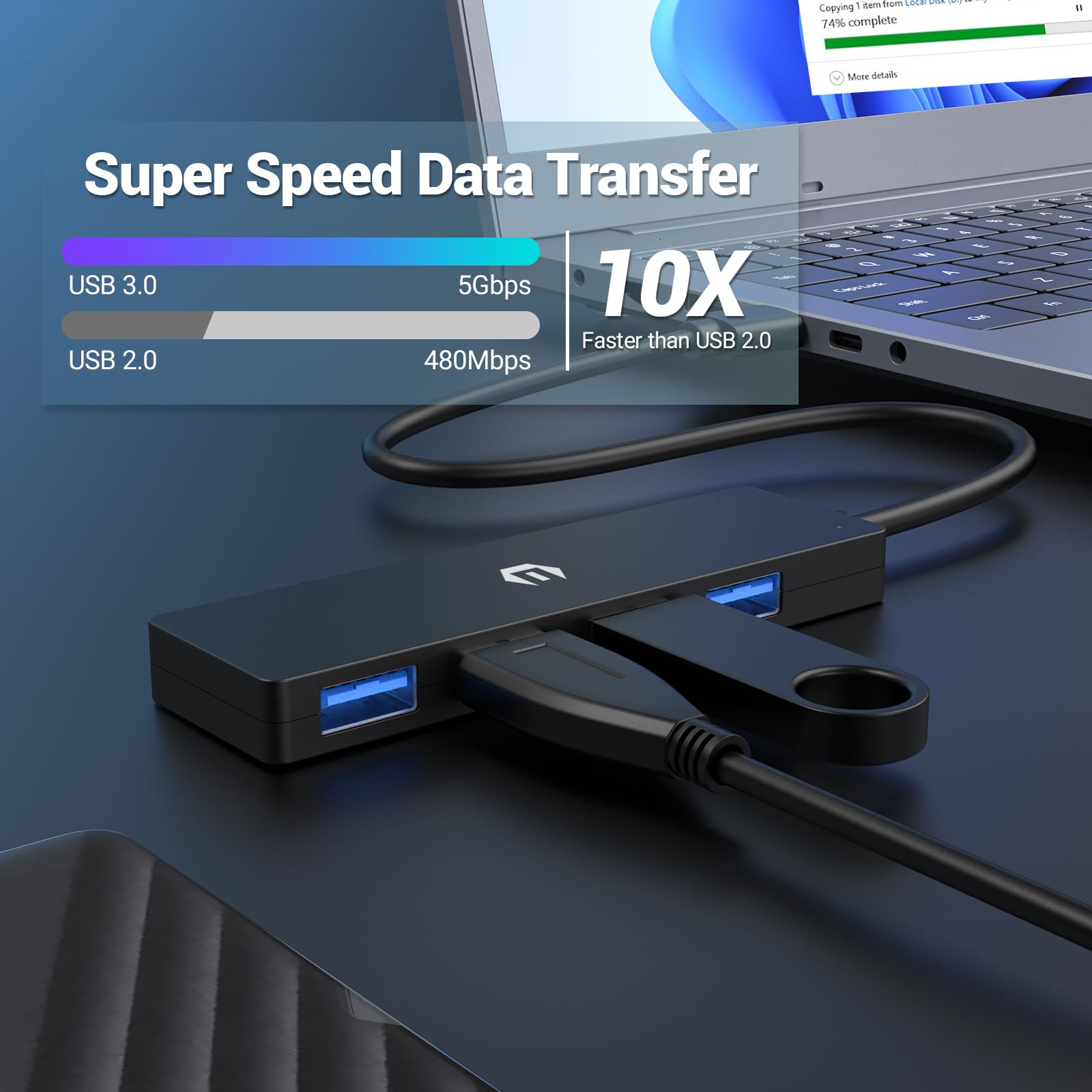 HOPDAY 4-Port USB 3.0 Hub Ultra Slim Data Hub with Fast Transfer Speeds - USB Splitter Adapter for MacBook, iMac Pro, Surface, Dell, HP Laptops - Perfect for Home Office, Gaming & Multi-Device Charging