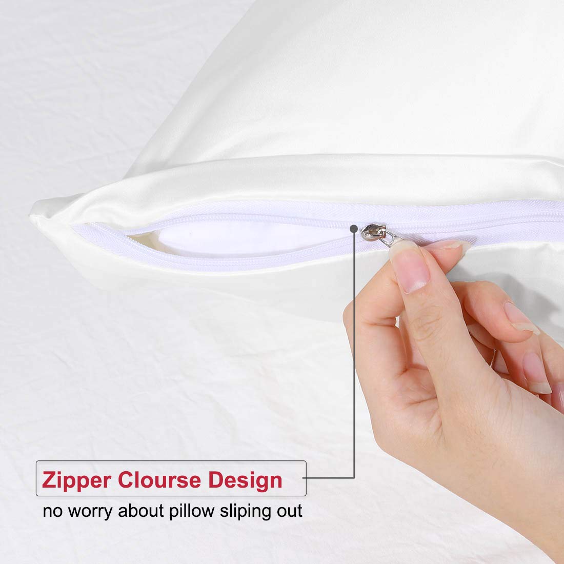 PiccoCasa 4-Pack Luxury Satin Pillowcases with Zipper - Super Soft Silky Pillow Covers (14x20 Inches) for Bedroom, Travel & Home Decor - White Satin Pillow Cases for Ultimate Comfort