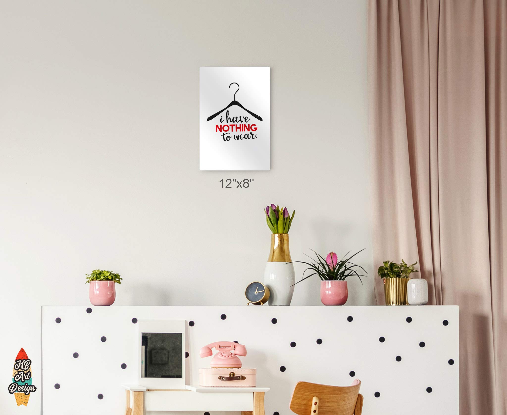 HB Art Design 'I Have Nothing to Wear' Motivational Quote Dress Hanger Silhouette Fashion Metal Wall Art - Glam Home Decor for Office, Dorm, Bathroom, Living Room & Bedroom - Ready to Hang 24x16 Inches - Perfect for Fashion Lovers & Inspirational Room Decor