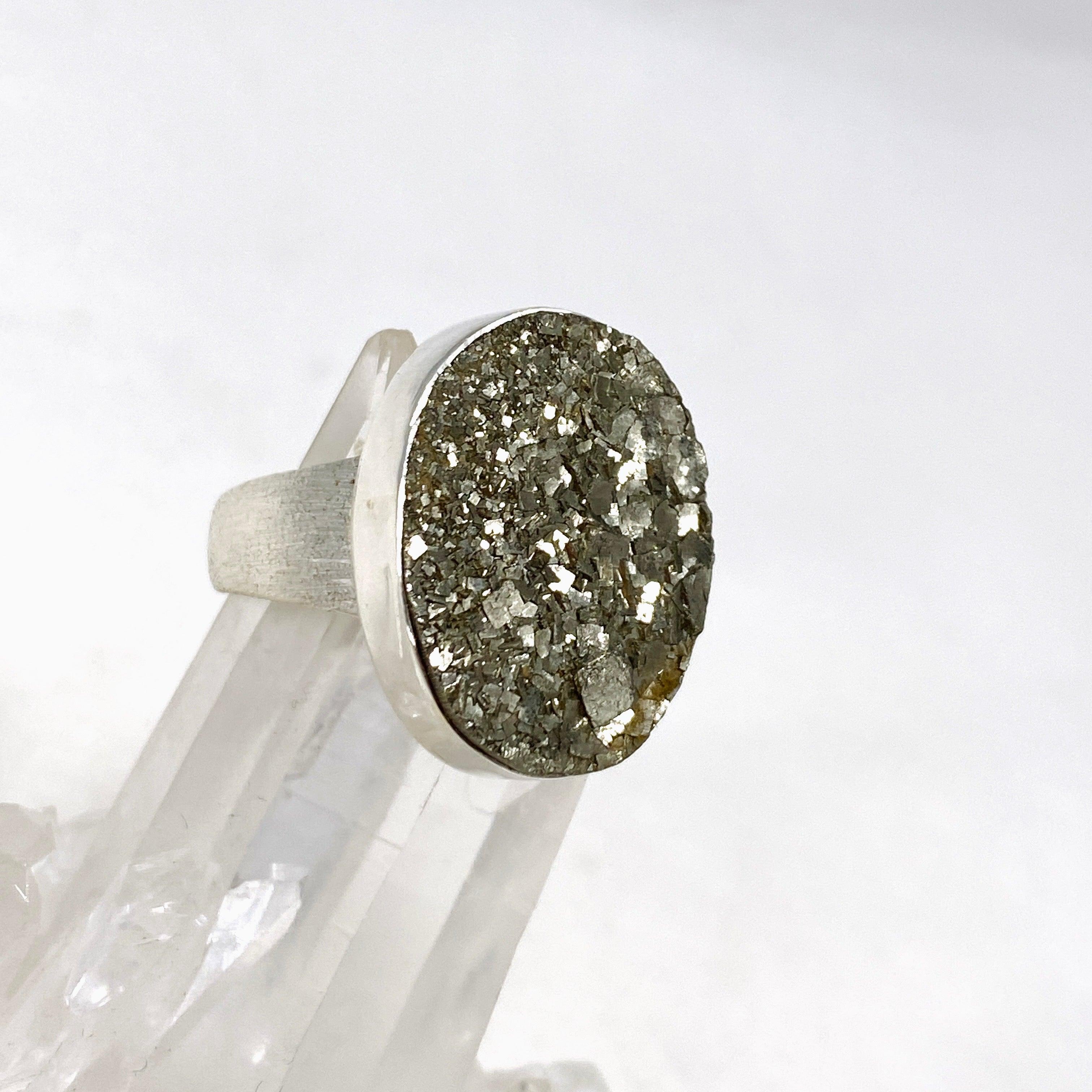 Natural Pyrite Raw Oval Ring with Brushed Silver Band - Size 9 - KRGJ3194 - Perfect for Boho Jewelry Lovers & Crystal Healing Enthusiasts
