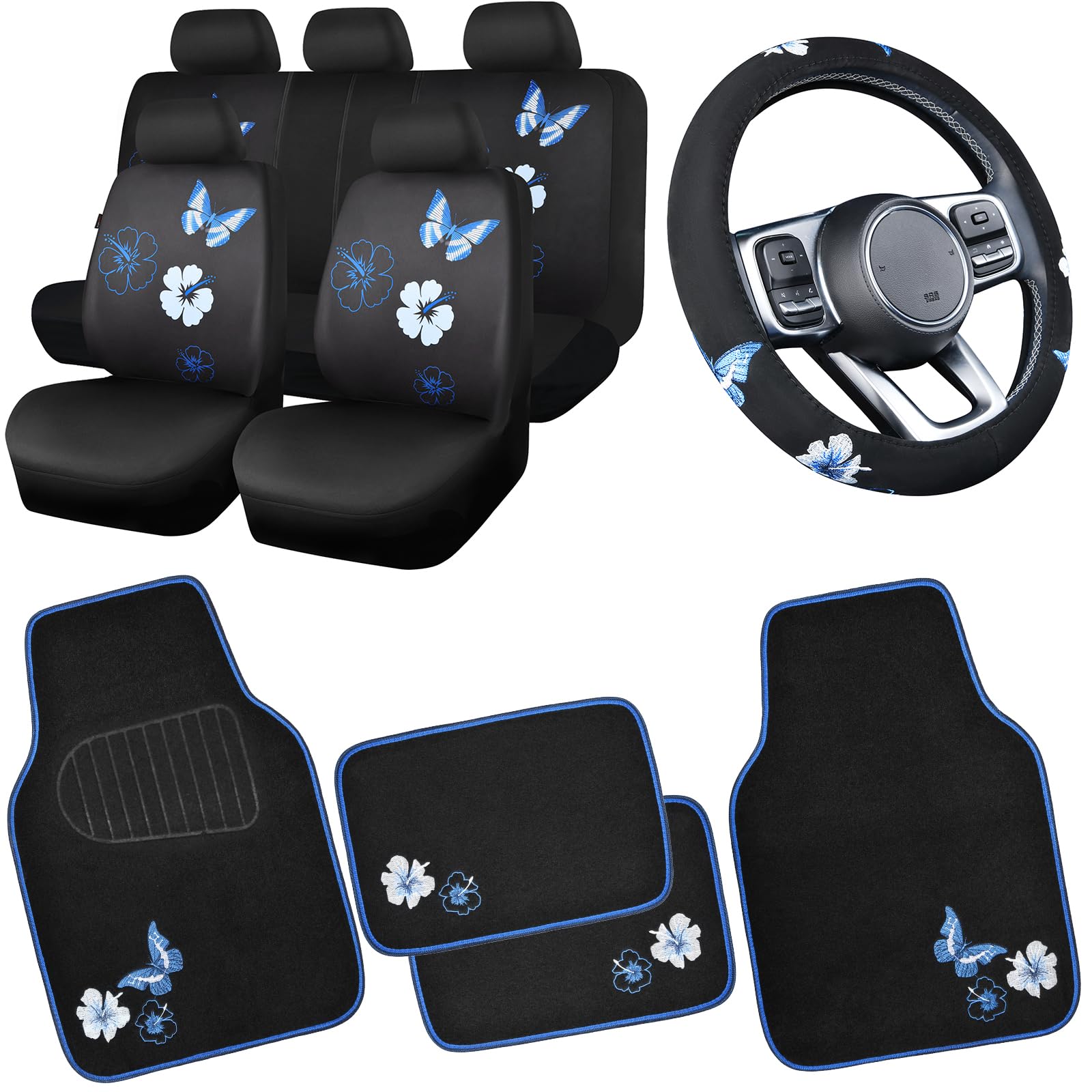 CAR PASS Blue Butterfly Car Seat Covers Full Set - Waterproof Embroidered Flower Car Floor Mats & Steering Wheel Cover - Universal Car Accessories Interior Set (Black & Blue) - Perfect for Sedans, SUVs & Trucks - Enhances Comfort & Protects Vehicle Interior