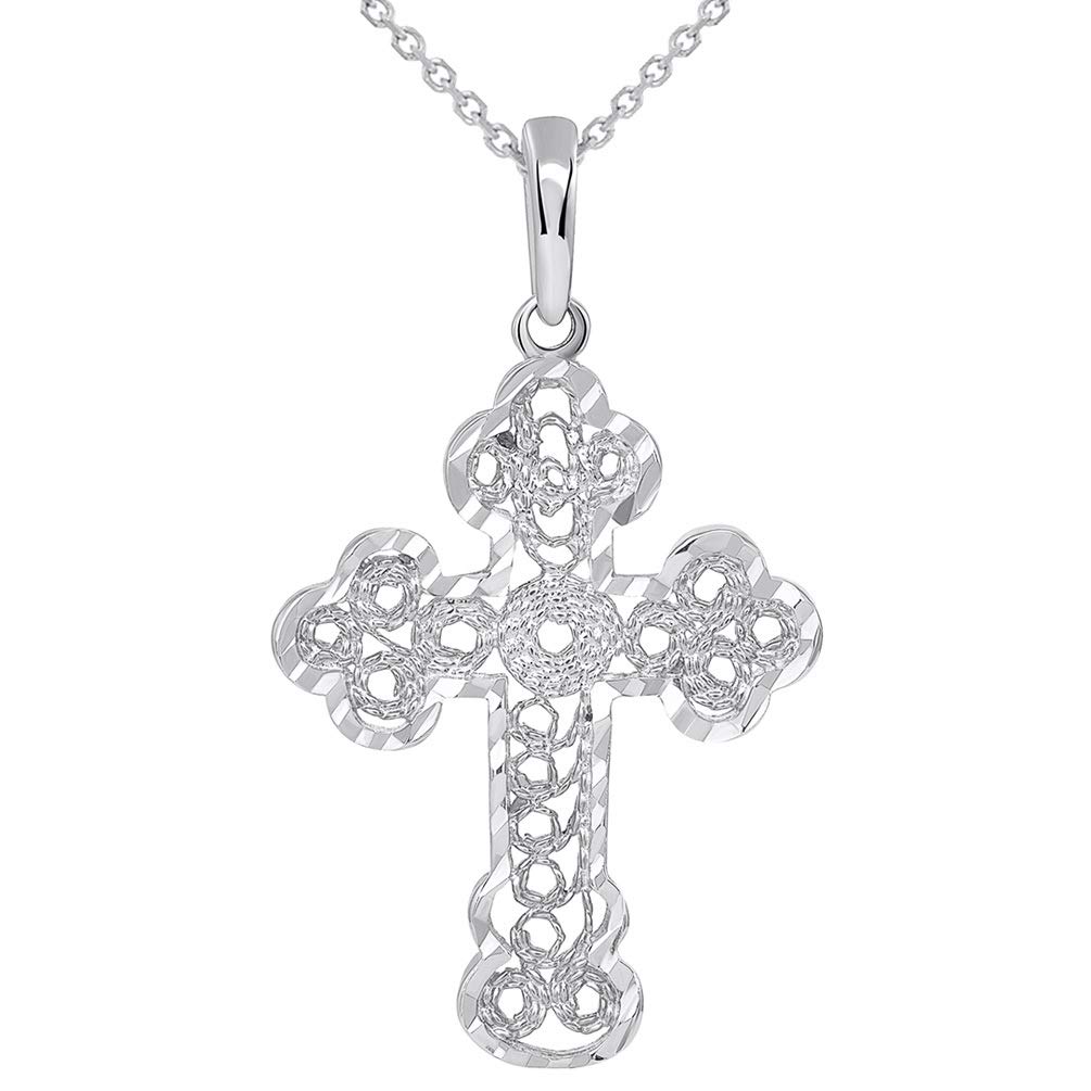 14K White Gold Filigree Eastern Orthodox Cross Pendant Necklace for Women - Elegant Religious Jewelry for Baptism, Confirmation & Daily Wear