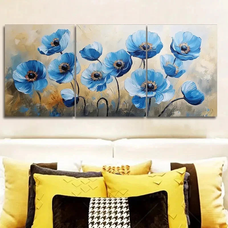 3-Piece Abstract Blue Poppies Modern Metal Wall Art - Ready to Hang Canvas Prints for Living Room, Bedroom & Office Decor