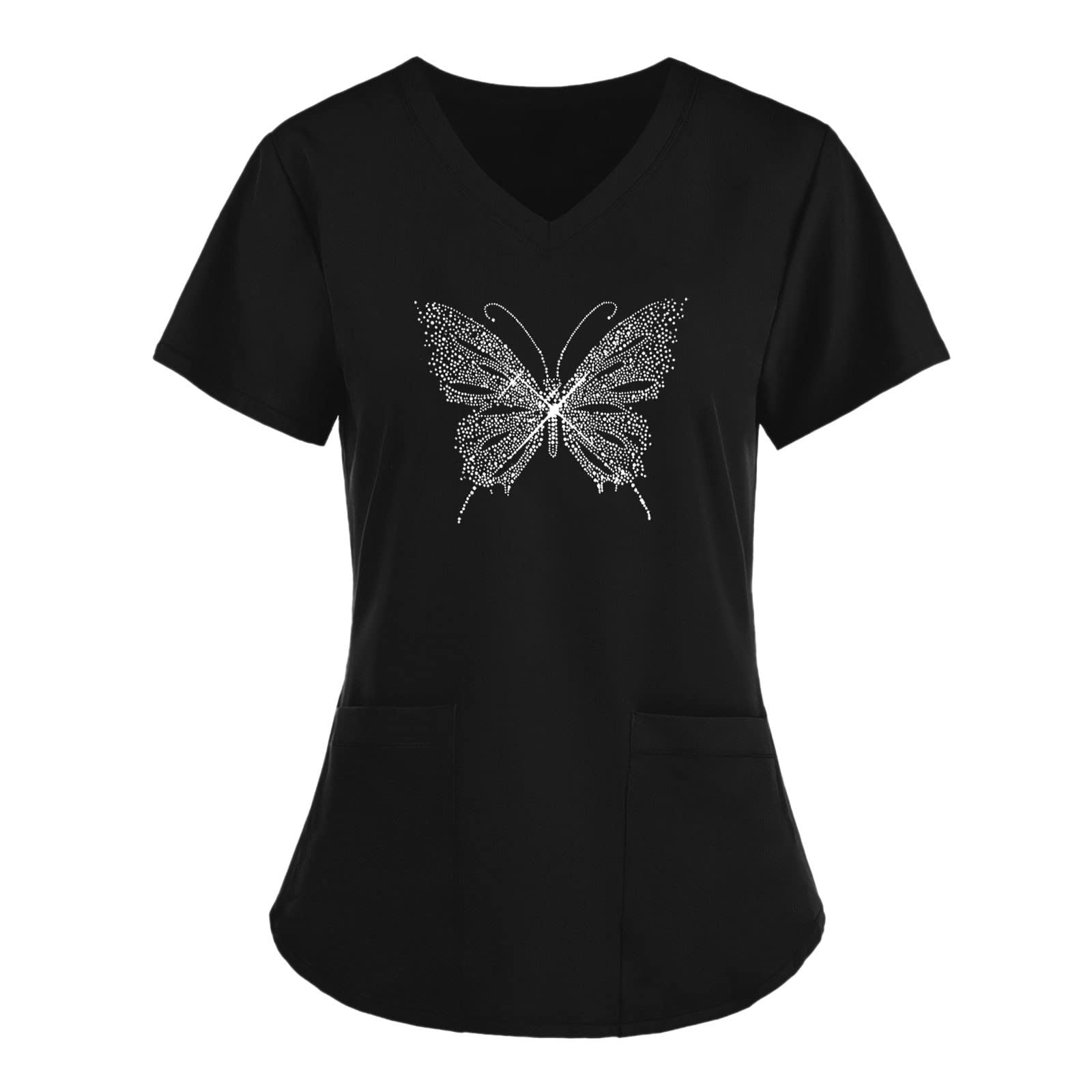 Women's V-Neck Short Sleeve Rhinestone Butterfly Pocket Scrub Top - Wrinkle Resistant Medical Uniform for Nurses & Healthcare Professionals | Perfect for Hospital Shifts, Clinics & Nursing School