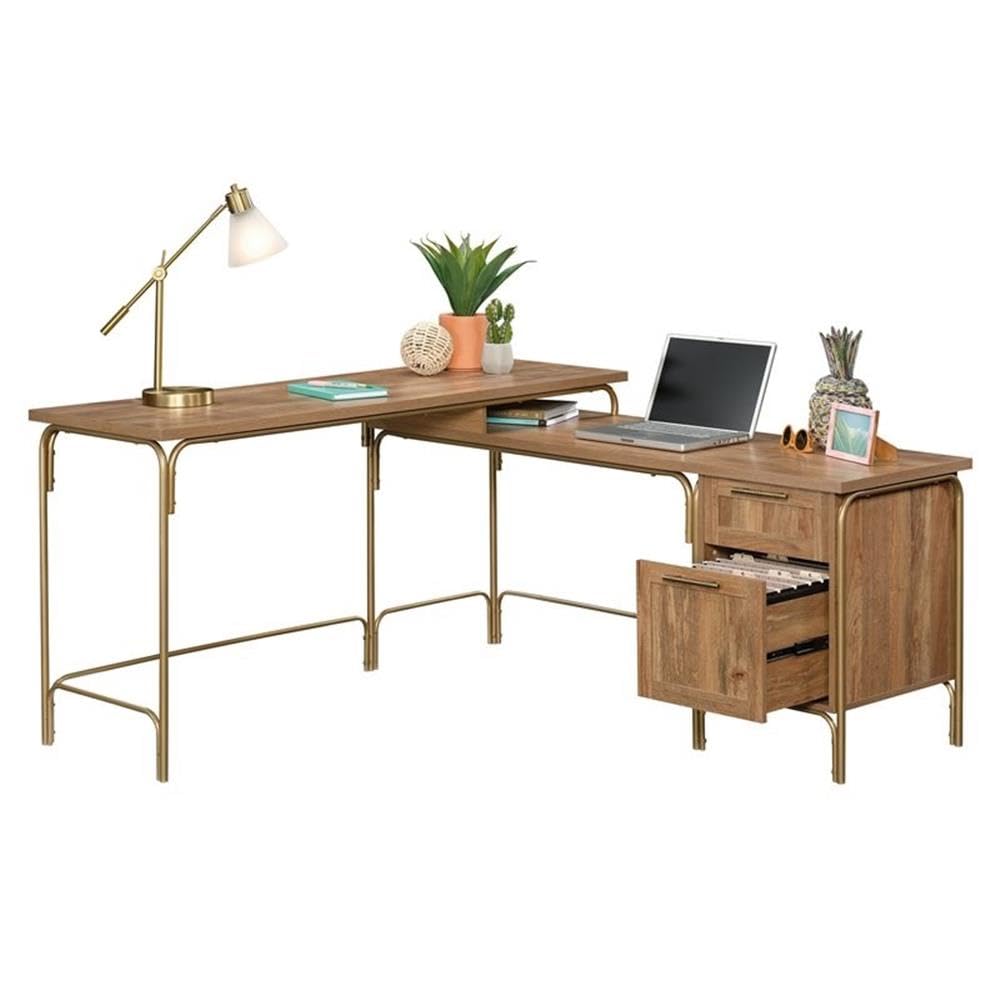 Pemberly Row Engineered Wood L-Shaped Desk in Sindoori Mango Brown/Gold - Modern Home Office Desk for Small Spaces, Gaming & Study Workstation