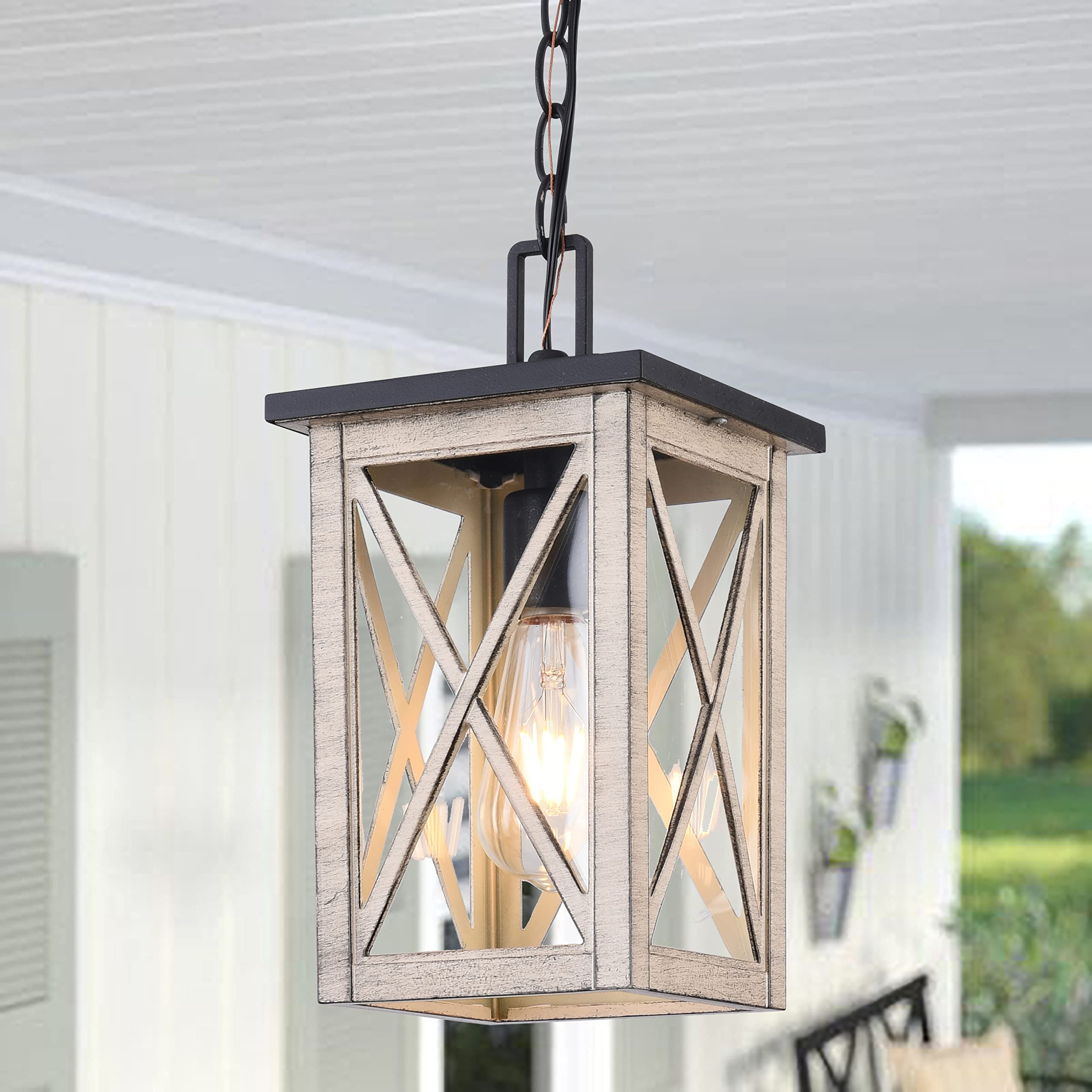 Outdoor Pendant Light - Waterproof Hanging Lantern with Wood Grain & Glass Shade - 1-Light Exterior Fixture for Porch, Patio, Entryway - Perfect for Garden, Deck, and Outdoor Dining Areas