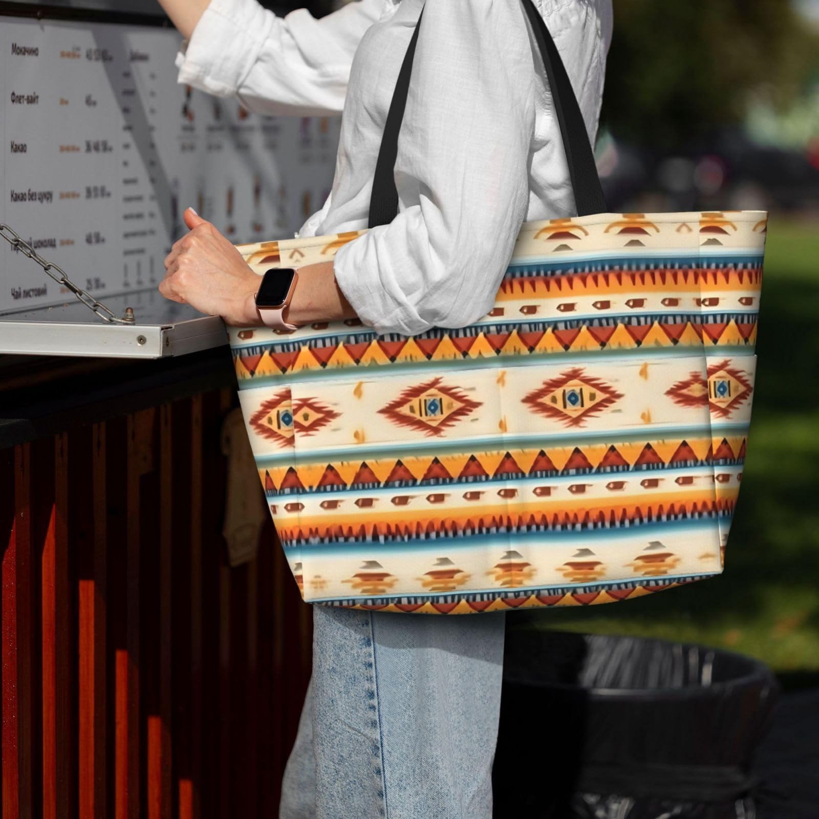 Native American Print Beach Tote - Extra Large for Travel & Women's Fashion - Black