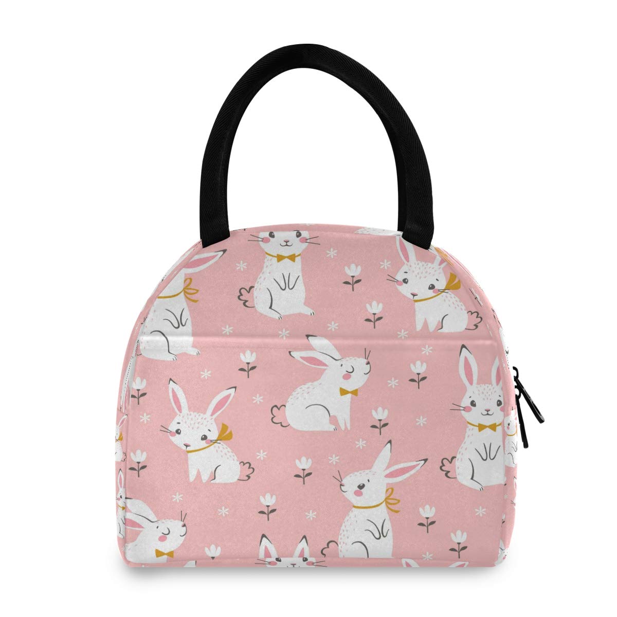 Cute Floral Bunny Insulated Lunch Box - Pink Rabbit Animal Lunch Bag for Women & Girls, School, Work, Picnic, Beach, Outdoor Activities | Cooler Tote Organizer with Drink Holder & Zipper