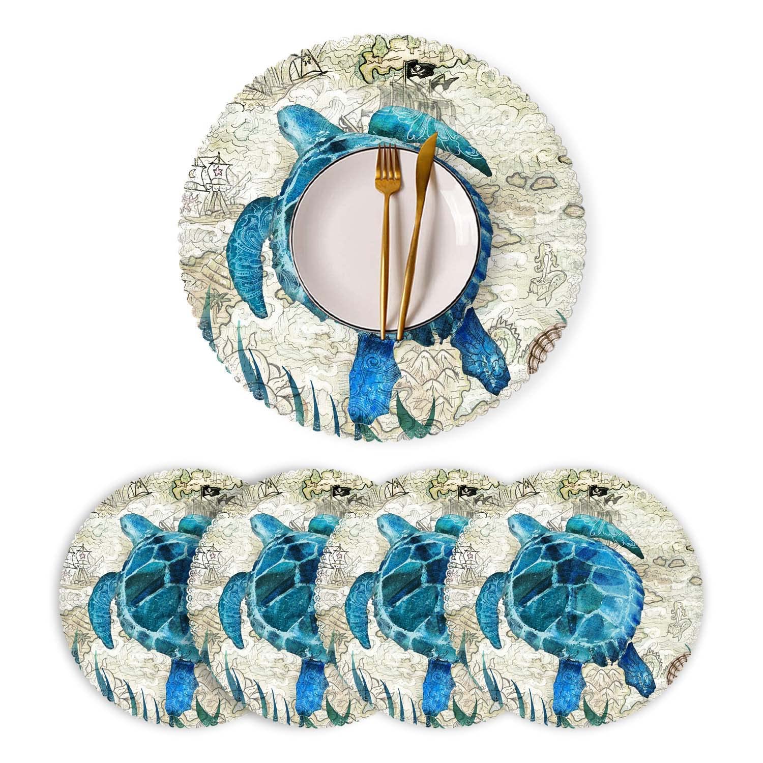 Round Washable Polyester Placemats Set of 4 - Heat Resistant Kitchen Table Mats for Dining & Home Decor - Retro Turtle Design - Perfect for Everyday Meals, Dinner Parties, and Holiday Gatherings