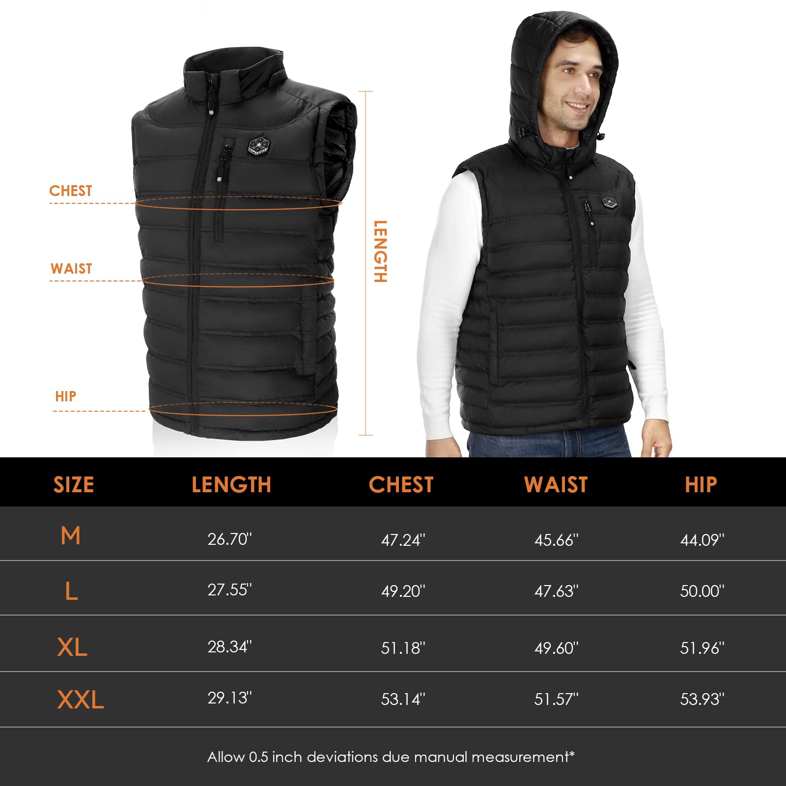 Heated Vest for Men with Detachable Hood & Battery Pack - Electric Warming Jacket for Cold Weather - Perfect for Outdoor Work, Hiking & Winter Sports