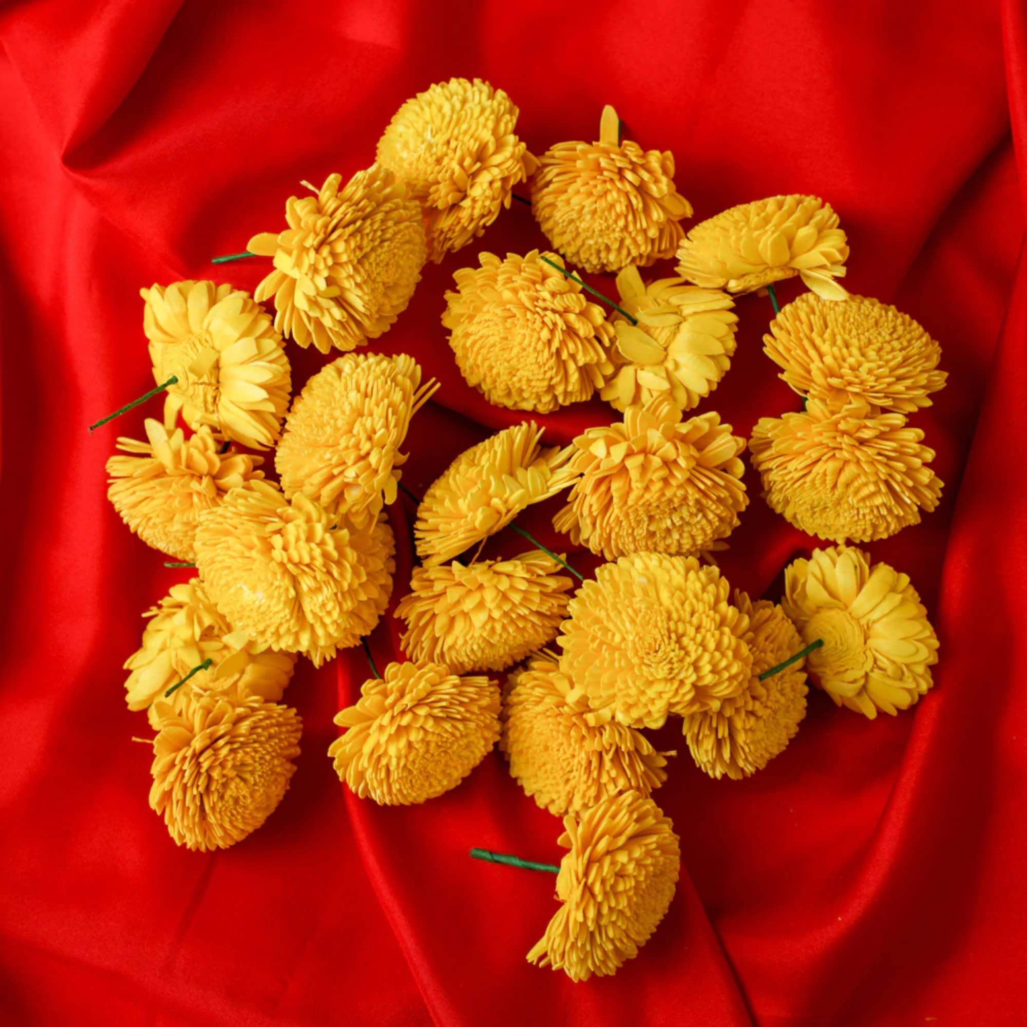 Artificial Chrysanthemum Flowers (Pack of 25) - Yellow Shola Wood Chamanthi for Diwali, Puja, Wedding & Home Decor - 2.75x2.3 Inch - Perfect for Indian Festivals, Mandir Decoration & Table Centerpieces
