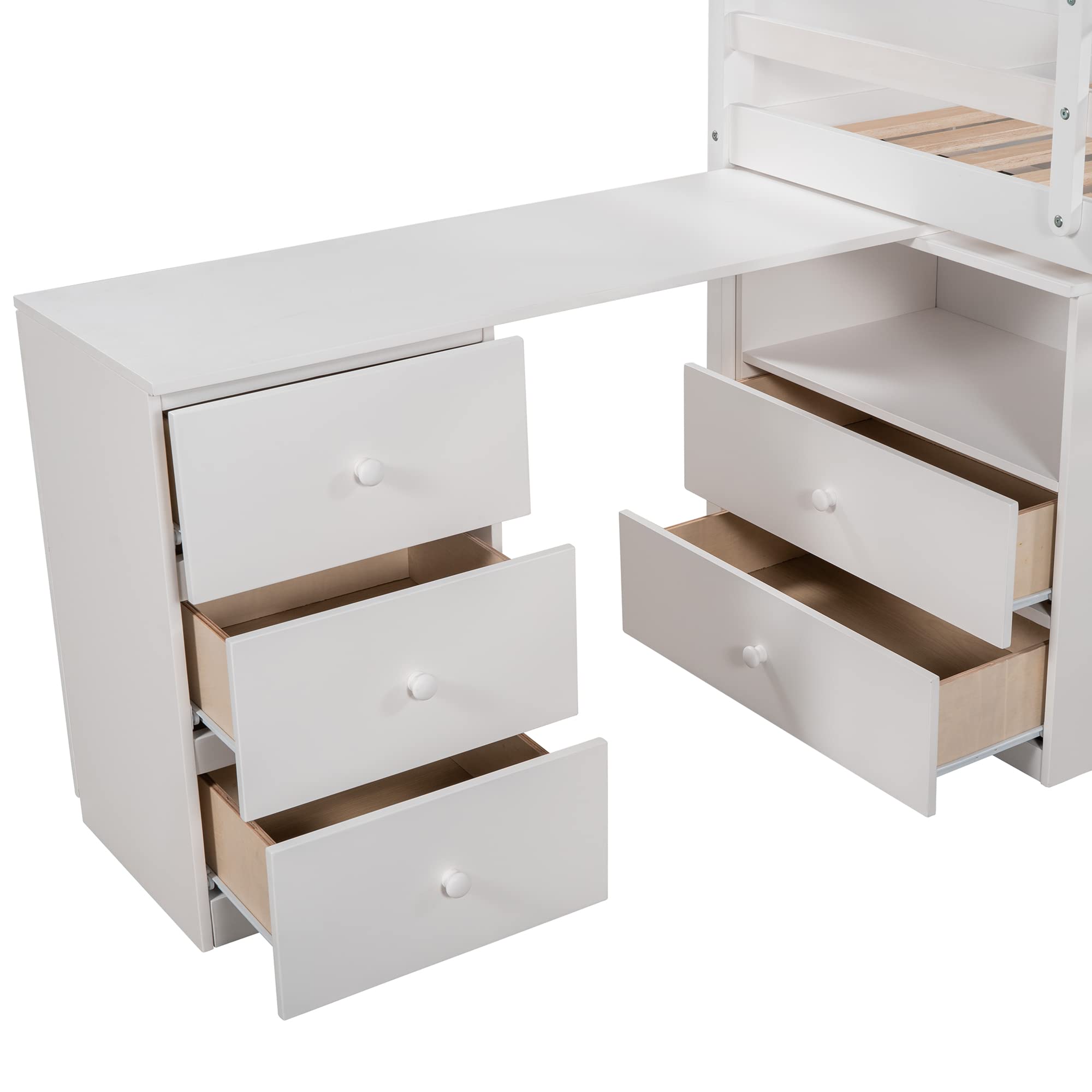 Twin Size Wooden Loft Bed with Storage Steps & Portable Desk - Sturdy Low Study Bed Frame for Teens & Kids - Space-Saving Solution for Small Bedrooms, Dorms & Apartments (White + Wood Finish)