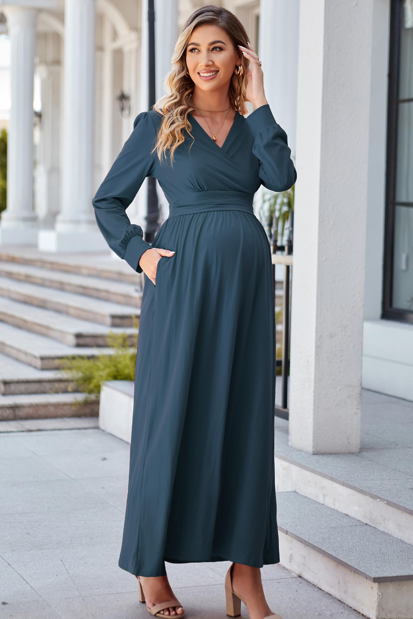 OUGES Maternity Maxi Dress - Long Sleeve Wrap V-Neck Pregnancy Gown for Baby Shower, Photoshoot & Fall Season | Comfortable Maternity Clothes for Pregnancy & Special Occasions