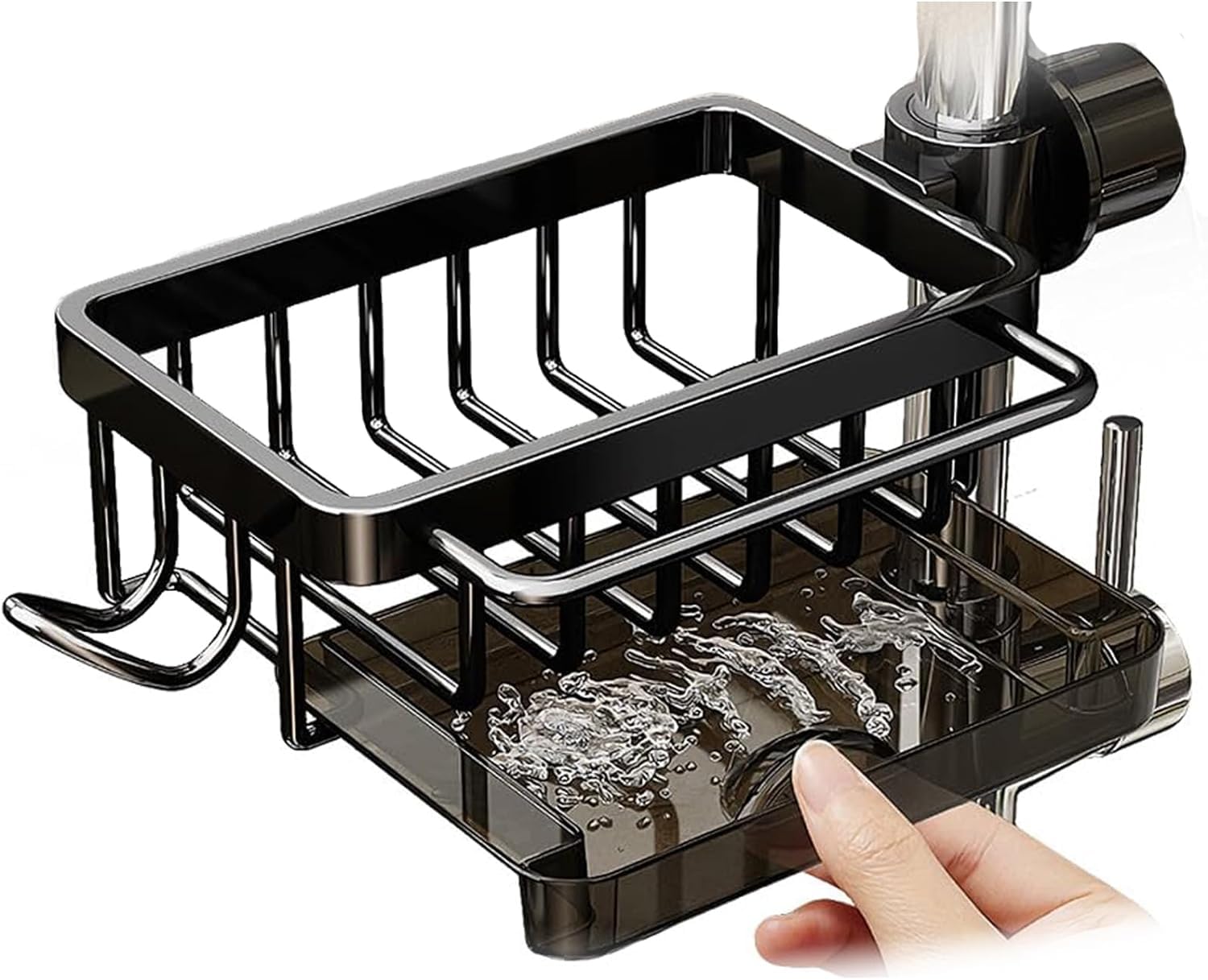 Black Kitchen Sink Faucet Organizer & Sponge Holder - Multifunctional Sink Organizer Rack for Kitchen & Bathroom Storage (Left Side) - Perfect for Organizing Sponges, Brushes & Cleaning Supplies by the Sink
