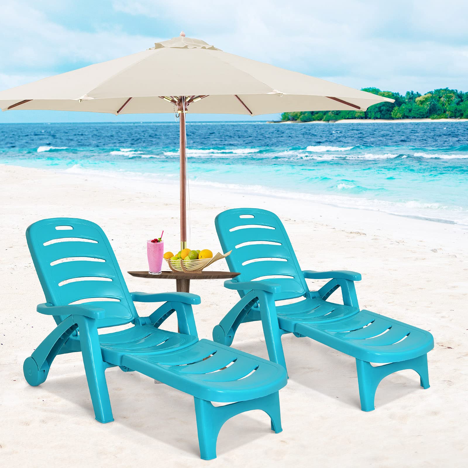 Giantex Folding Patio Chaise Lounge Recliner with Wheels - 5 Adjustable Positions, Armrests & Turquoise Fabric - Perfect for Poolside, Beach, Garden, Backyard & Outdoor Sunbathing - Portable Rolling Deck Chair for Relaxation (2-Pack)