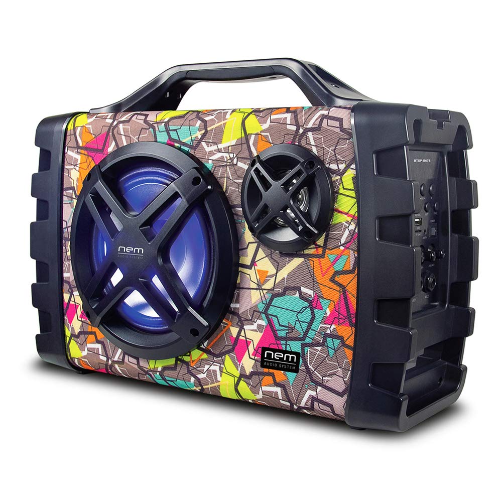 Portable Wireless Bluetooth Speaker with Extra Bass - NEM Mobi7e High Performance Stereo, USB Recording, Rechargeable Battery, AUX/TF Card Input, FM Radio, MP3 Playback, Mic & Guitar Input, LED Lights (Graffiti) - Perfect for Outdoor Parties, Home Use, Travel & Camping