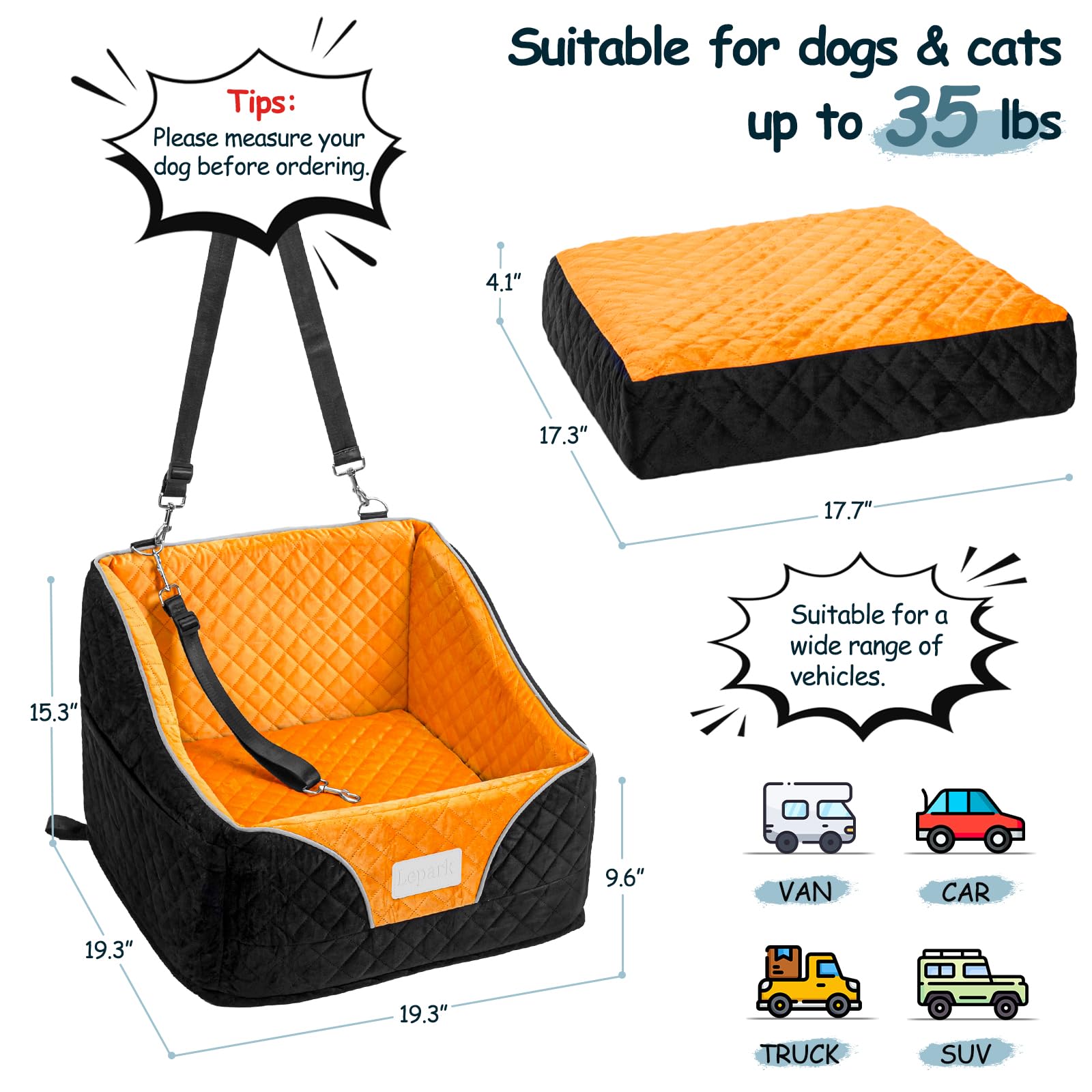 Lepark Dog Car Seat for Small Dogs & Cats - Washable Pet Booster Seat with Storage Pockets - Travel Safety Carrier for Front/Back Car Seats (Orange) - Perfect for Road Trips & Daily Commutes