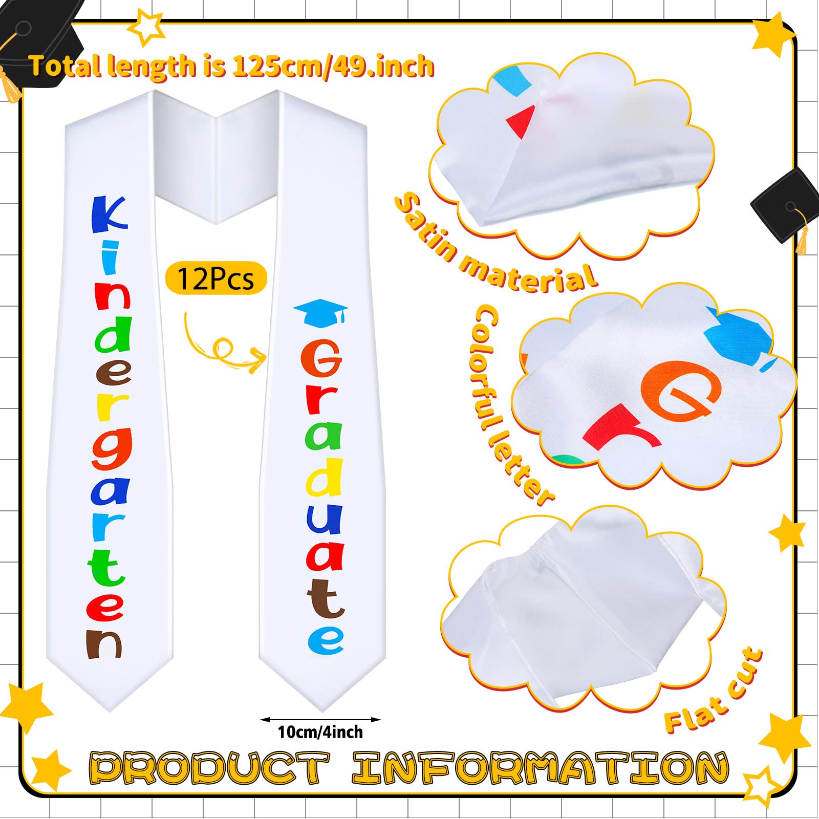 12 Pcs Unisex Printed Graduation Stoles for Kindergarten & Preschool - Bulk Graduation Sashes for Kids' Ceremony - Perfect Graduation Gifts for Boys & Girls - Ideal for Preschool Graduation Parties & School Events