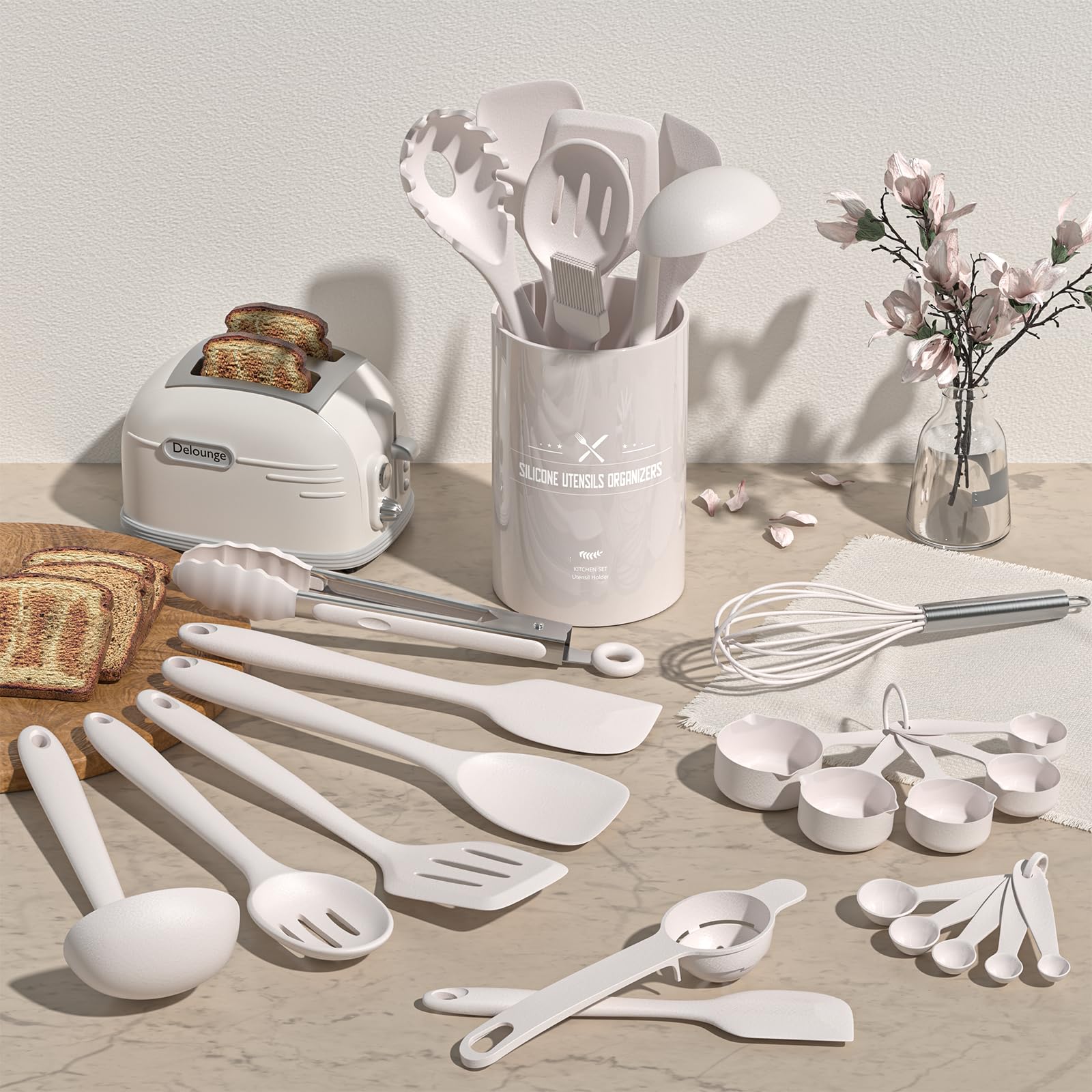 Umite Chef 22-Piece Silicone Kitchen Utensil Set - Heat Resistant Cooking Tools with Holder for Nonstick Cookware - Dishwasher Safe Spatulas, Spoons & Gadgets - Perfect for Baking, Grilling & Everyday Cooking (White)