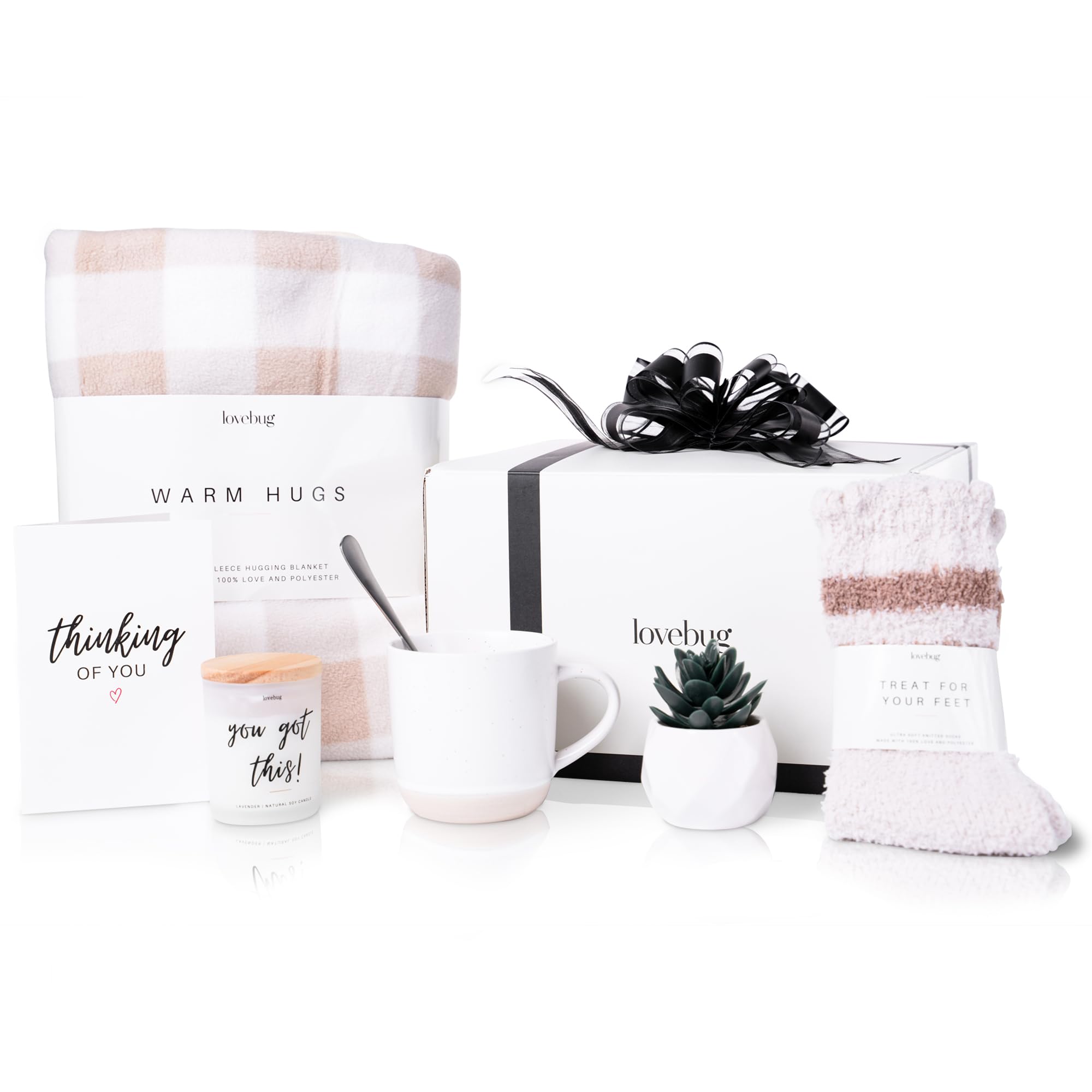 Lovebug Get Well Soon Gift Basket for Women - Post Surgery Recovery Care Package with Cozy Blanket, Scented Candle, Fuzzy Socks, Inspirational Mug, Spoon & Succulent Plant - Thoughtful Thinking of You Gift for Hospital Stay, Chemotherapy or Recovery at Home