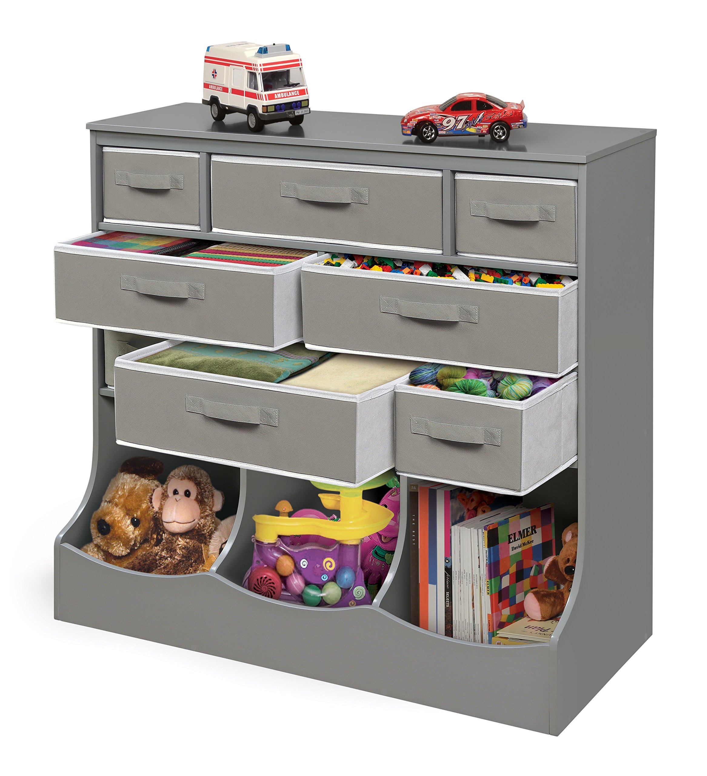 Badger Basket 8-Cubby Kids Toy Storage Organizer with Reversible Fabric Bins - Gray Toy Box for Playroom, Nursery & Bedroom Organization