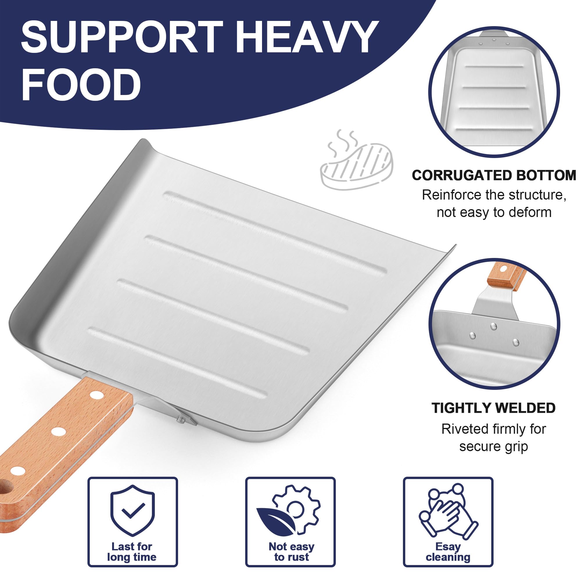 Joyfair 2-Piece Large Metal Spatula Set - Heavy Duty Stainless Steel Griddle Scoop & Burger Turner for Flat Top BBQ Grill - Corrugated Surface Grilling Accessories with Wooden Handle - Perfect for Outdoor Cooking, Camping, and Backyard BBQs