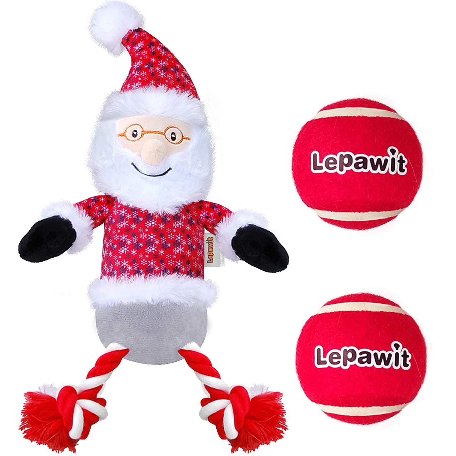 Lepawit Christmas Squeaky Plush Dog Toys with Rope & Tennis Balls - Durable Chew Toys for Medium & Large Dogs - Perfect for Holiday Playtime, Training Rewards, and Interactive Bonding