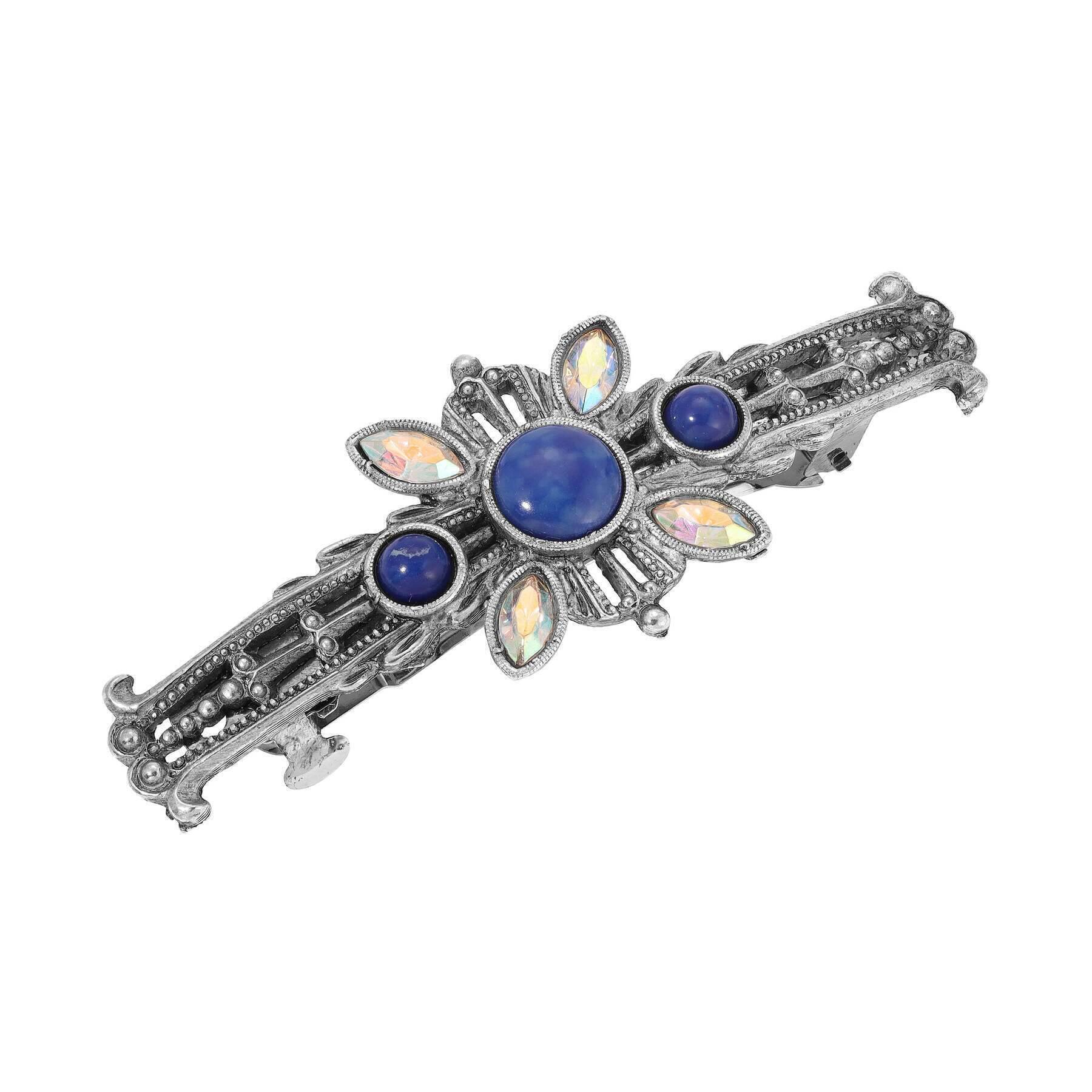 1928 Vintage Style Blue Lapis Stone & AB Crystal Hair Barrette Clip - Elegant Hair Accessory for Weddings, Parties & Special Occasions