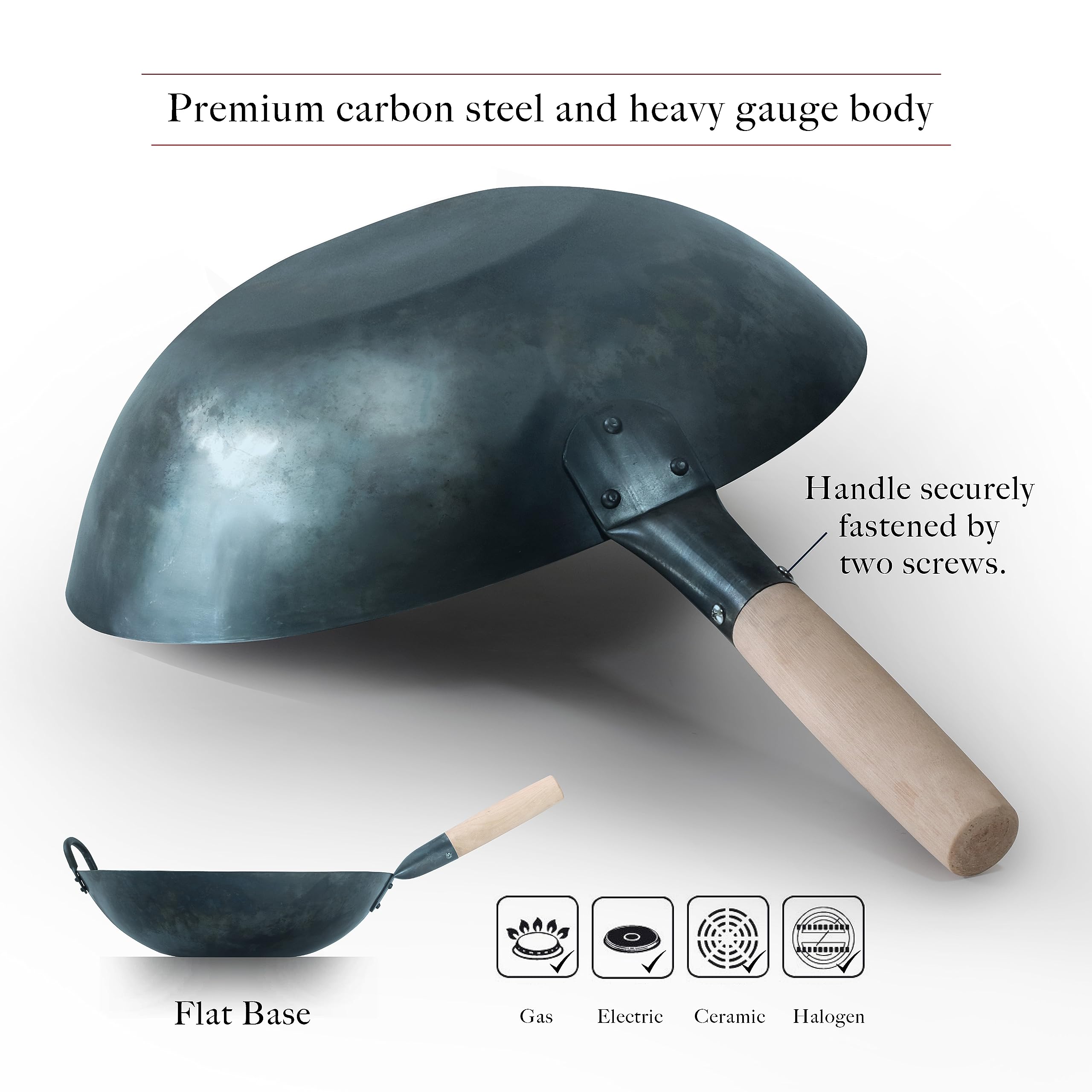 16-Inch Traditional Carbon Steel Wok Pan - Large Flat Bottom Hand Hammered Stir Fry Pan - Chemical-Free Authentic Chinese Wok for Professional Cooking & Home Kitchen Use