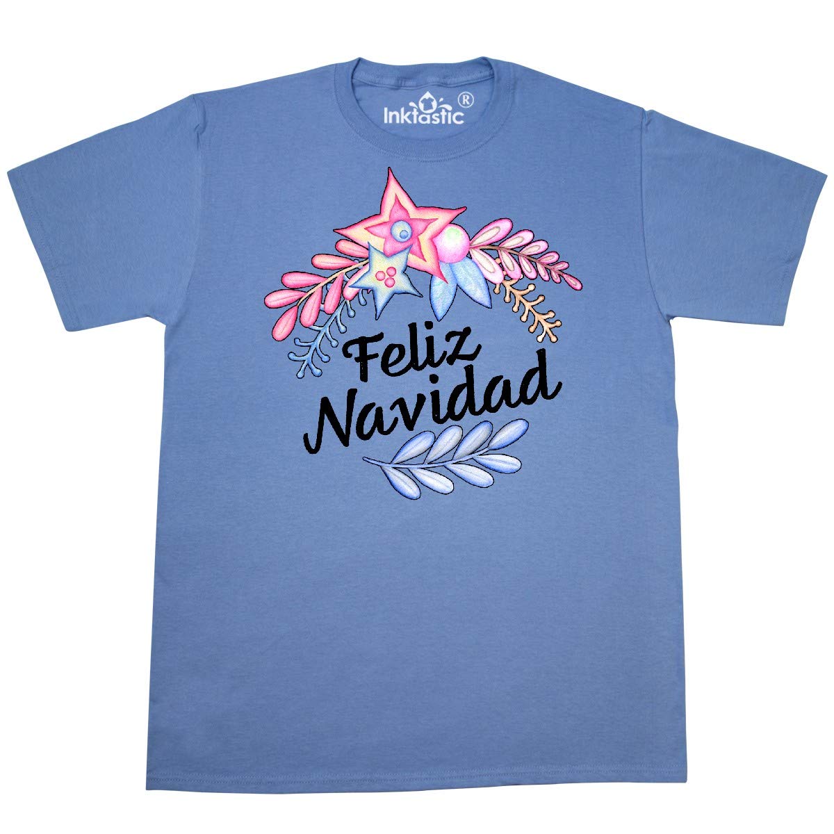Inktastic Feliz Navidad Pink and Blue Flowers T-Shirt - Christmas Holiday Gift, Festive Spanish Tee for Women & Men - Perfect for Xmas Parties, Family Gatherings & Holiday Photos