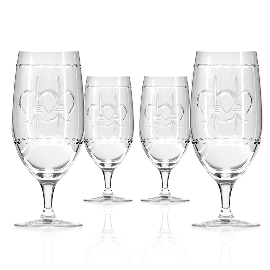 Fleur De Lis 16oz Footed Iced Tea Glasses Set of 4 - Elegant Drinking Glasses for Summer Beverages, Iced Coffee, Lemonade & Sweet Tea - Perfect for Parties, Picnics & Outdoor Entertaining