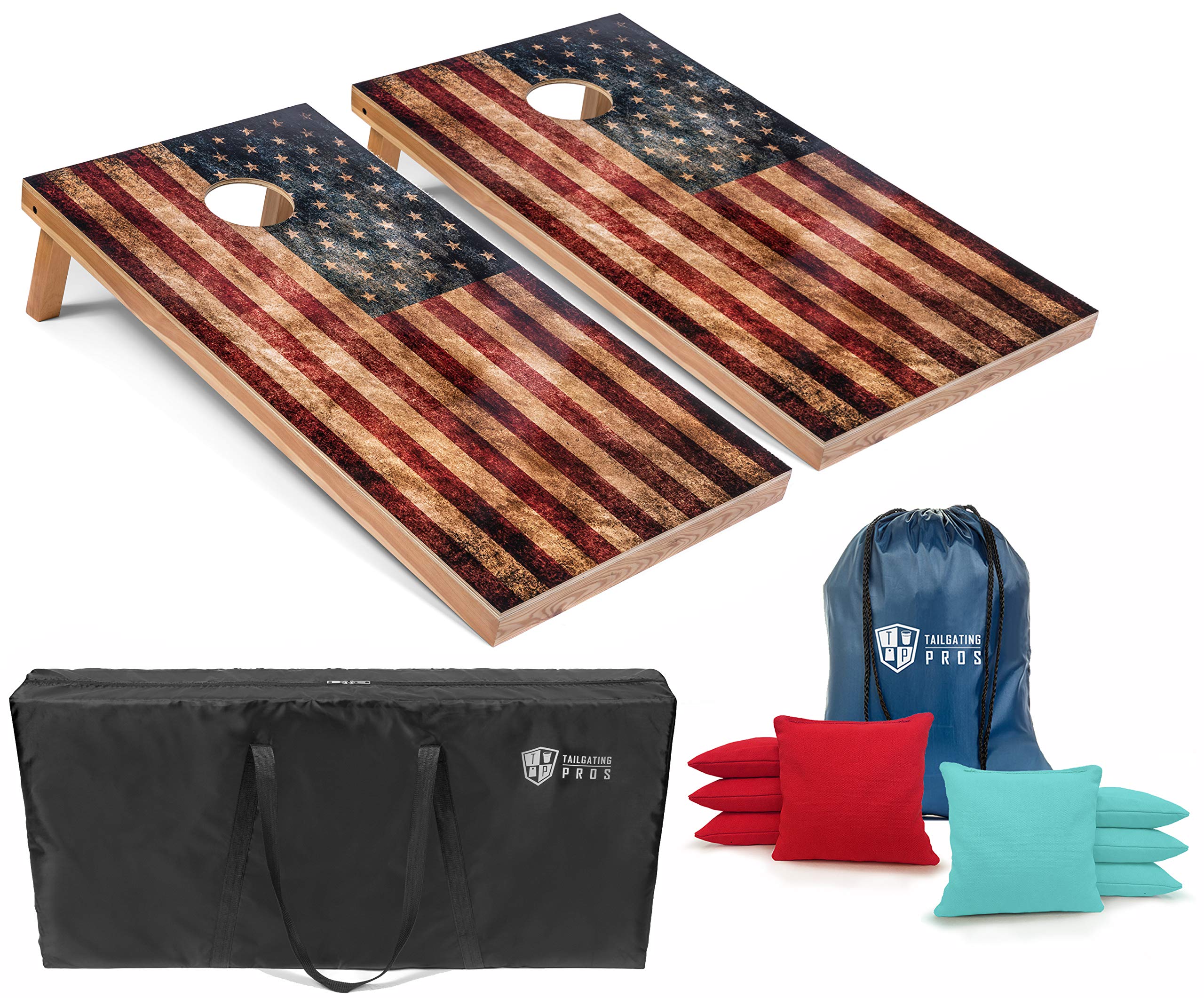 Premium Rustic American Flag Cornhole Boards Set with LED Ring & Carrying Case – 4'x2' Distressed Wooden Cornhole Game with 8 Bean Bags – Perfect for Tailgate Parties, Backyard BBQs, and Outdoor Family Gatherings