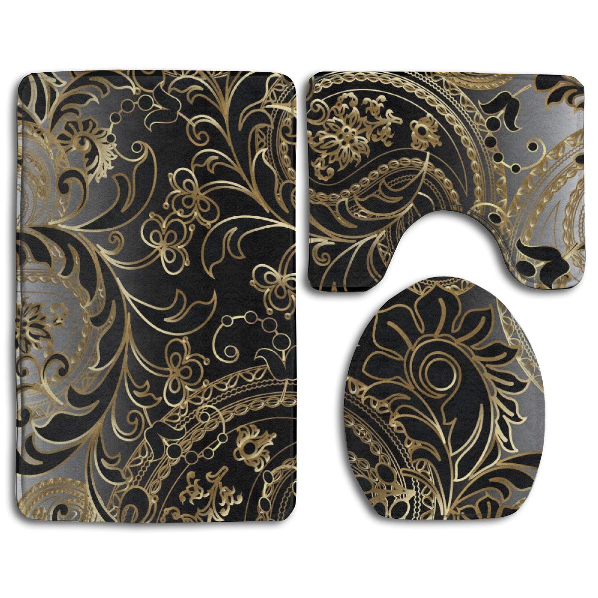Gold and Black Paisley Floral Bathroom Rug Set - 3 Piece Toilet Mat, Contour Mat & Lid Cover - Non-Slip Bath Mats for Modern Home Decor - Perfect for Bathroom, Powder Room & Guest Bath
