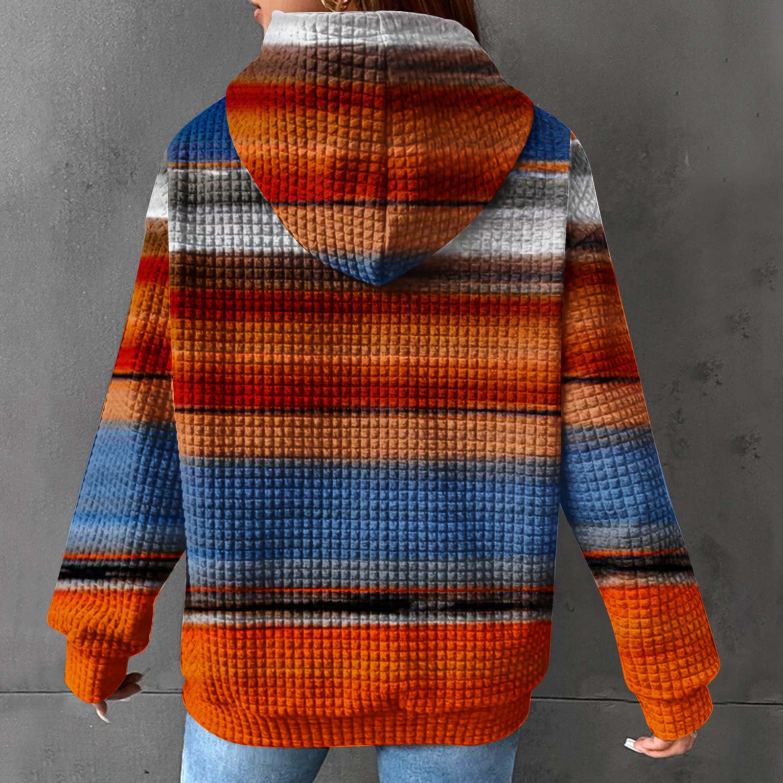 Women's Color Block Hoodie - Long Sleeve Round Neck Pullover Sweatshirt with Drawstring, Loose Fit Waffle Knit Fashion Top for Fall 2023 | Casual Outfit, Streetwear, Layering for Cool Weather