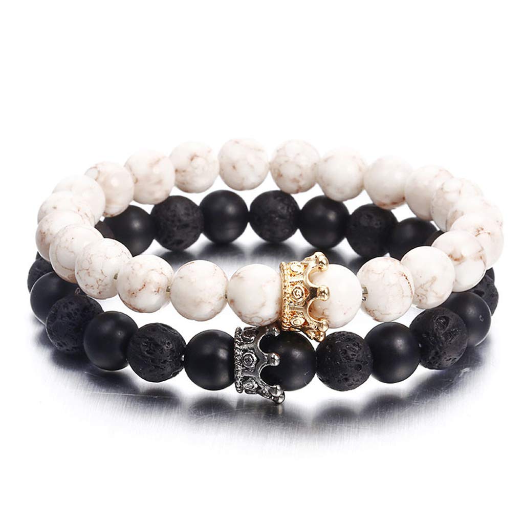 YOYOLWJ Black & White Stone Beads Couple Bracelets Set - Crown Design Long Distance Lover Jewelry Gift for Him & Her - Perfect for Anniversaries, Valentine's Day & Romantic Occasions