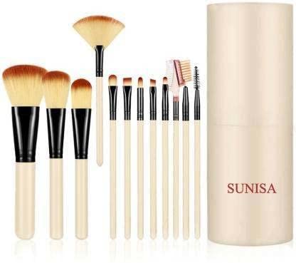 SUNISA 12-Piece Soft Synthetic Bristle Makeup Brush Set with Storage Case - Pinkish Cream Cosmetic Brushes for Foundation, Blending, Contouring & Eyeshadow - Perfect for Professional Makeup Artists & Beginners