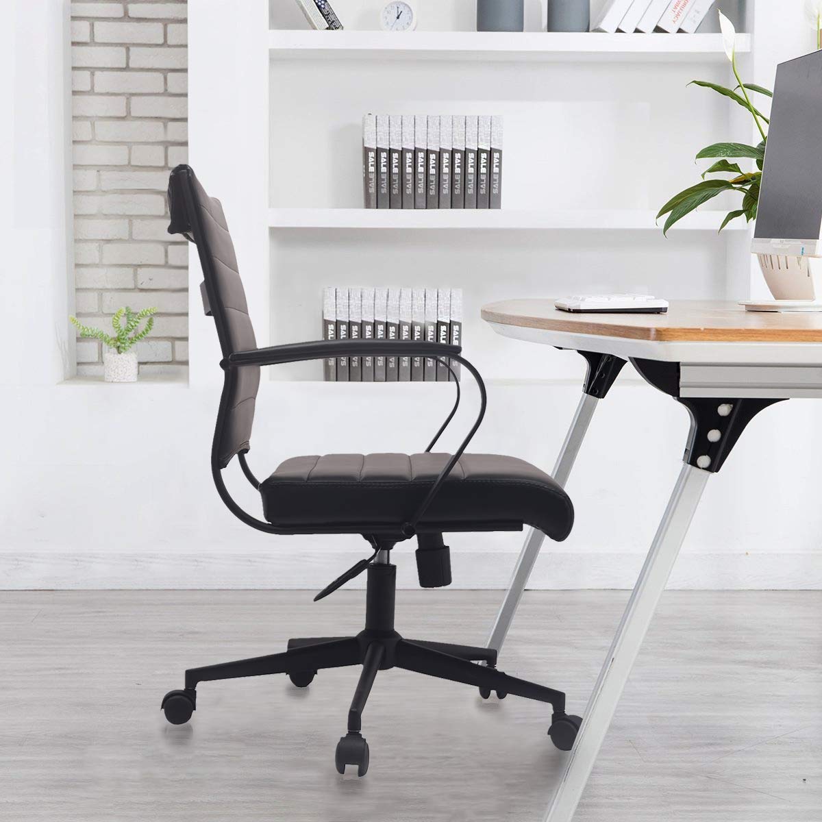 2xhome - Modern Black PU Leather Mid Back Swivel Tilt Adjustable Office Chair - Executive Manager Desk Chair with Ribbed Design for Conference Room, Home Office & Computer Work (All Black) - Ergonomic Support for Long Work Hours