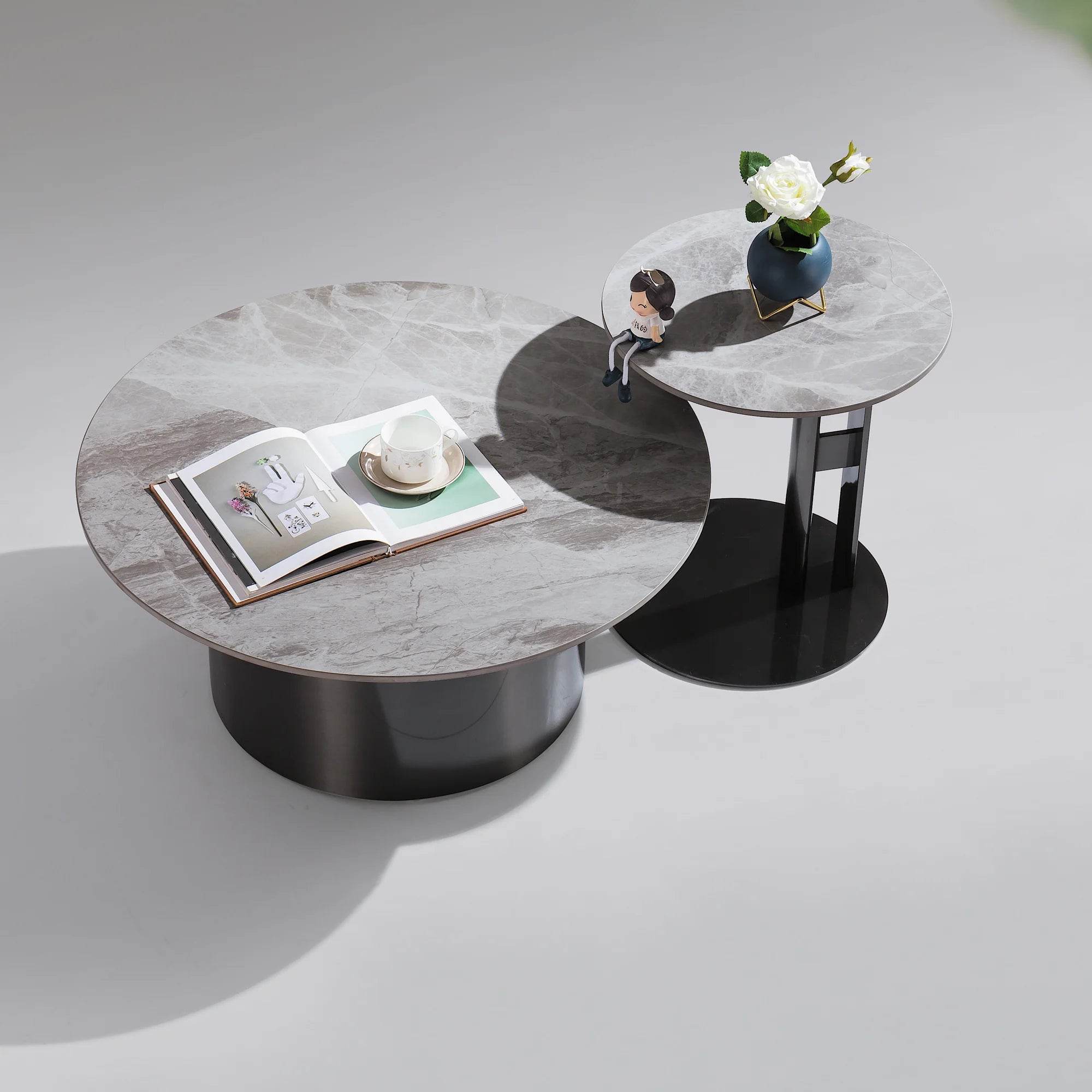 Larissa Glossy Sintered Stone Nesting Coffee Table Set - Modern Living Room Furniture for Small Spaces, Home Decor & Office Use