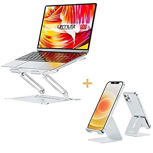 Urmust Ergonomic Adjustable Laptop Stand & Phone Holder Set (Silver) - Perfect for Home Office, Gaming, and Workspace Organization