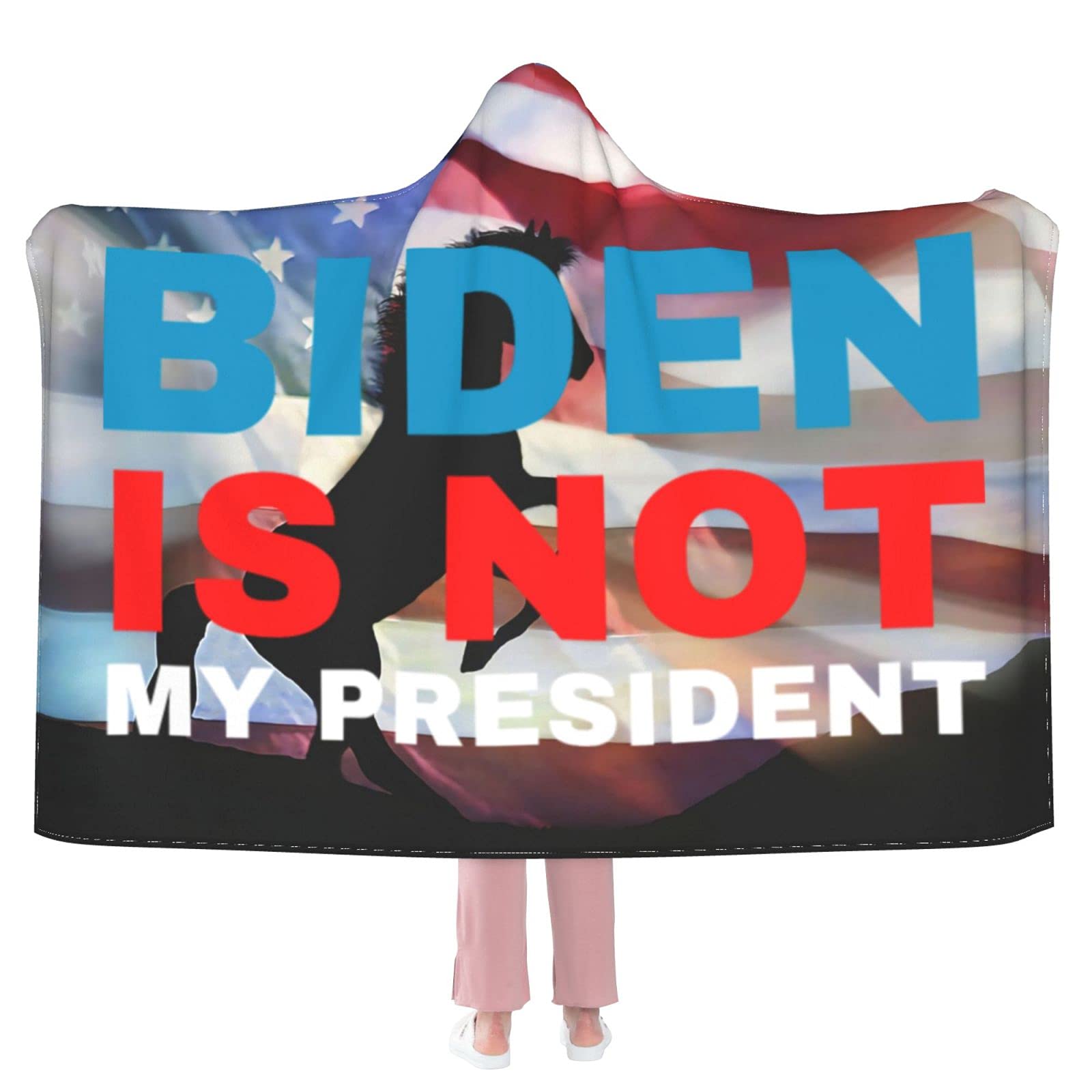 Biden Not My President Flannel Blanket - Reversible Plush Throw Blanket 50x40 Inches - Soft Washable Fuzzy Blanket for Couch, Sofa & Bed - Cozy Hooded Cloak Shawl Wrap for Nap, Camping & Home Decor