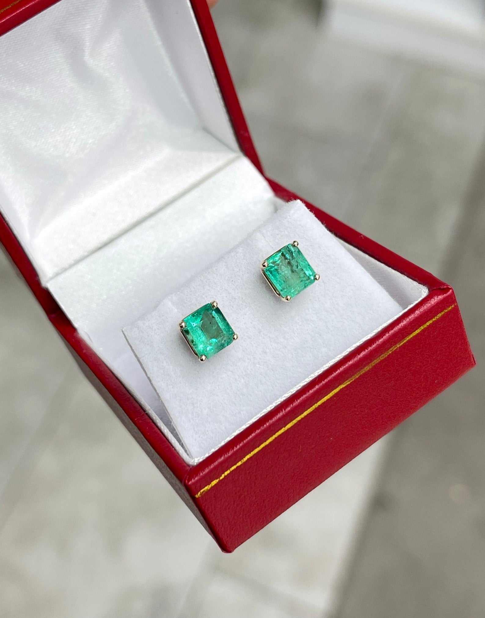 2.17tcw Stunning Colombian Emerald Square Asscher Cut Floral Stud Earrings in 14K Gold - Perfect for Weddings, Parties & Special Occasions