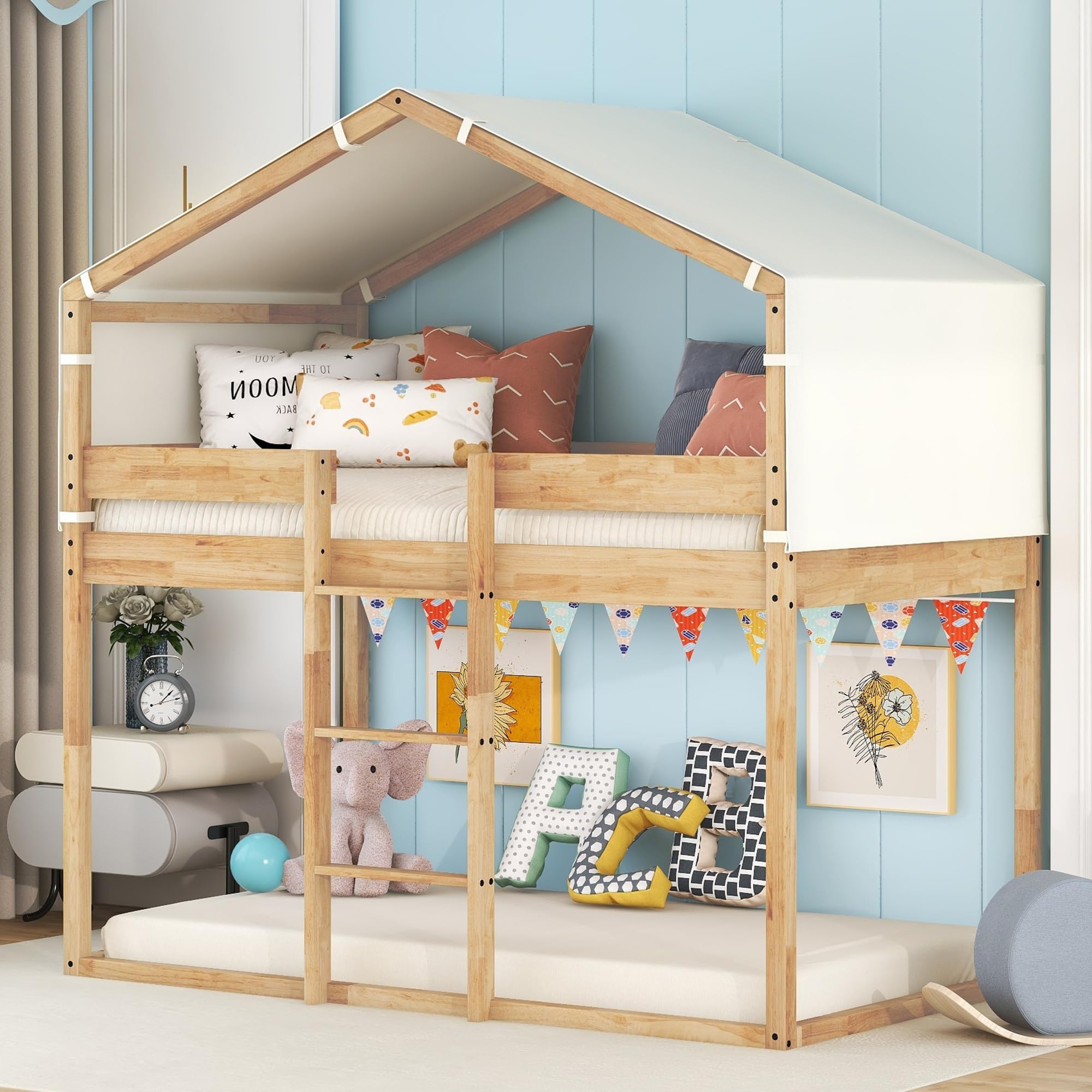 DEINPPA Twin Over Twin Wooden Bunk Bed with Tent for Kids - Natural Finish | Space-Saving Kids Bedroom Furniture for Small Rooms, Sleepovers & Playtime Adventures