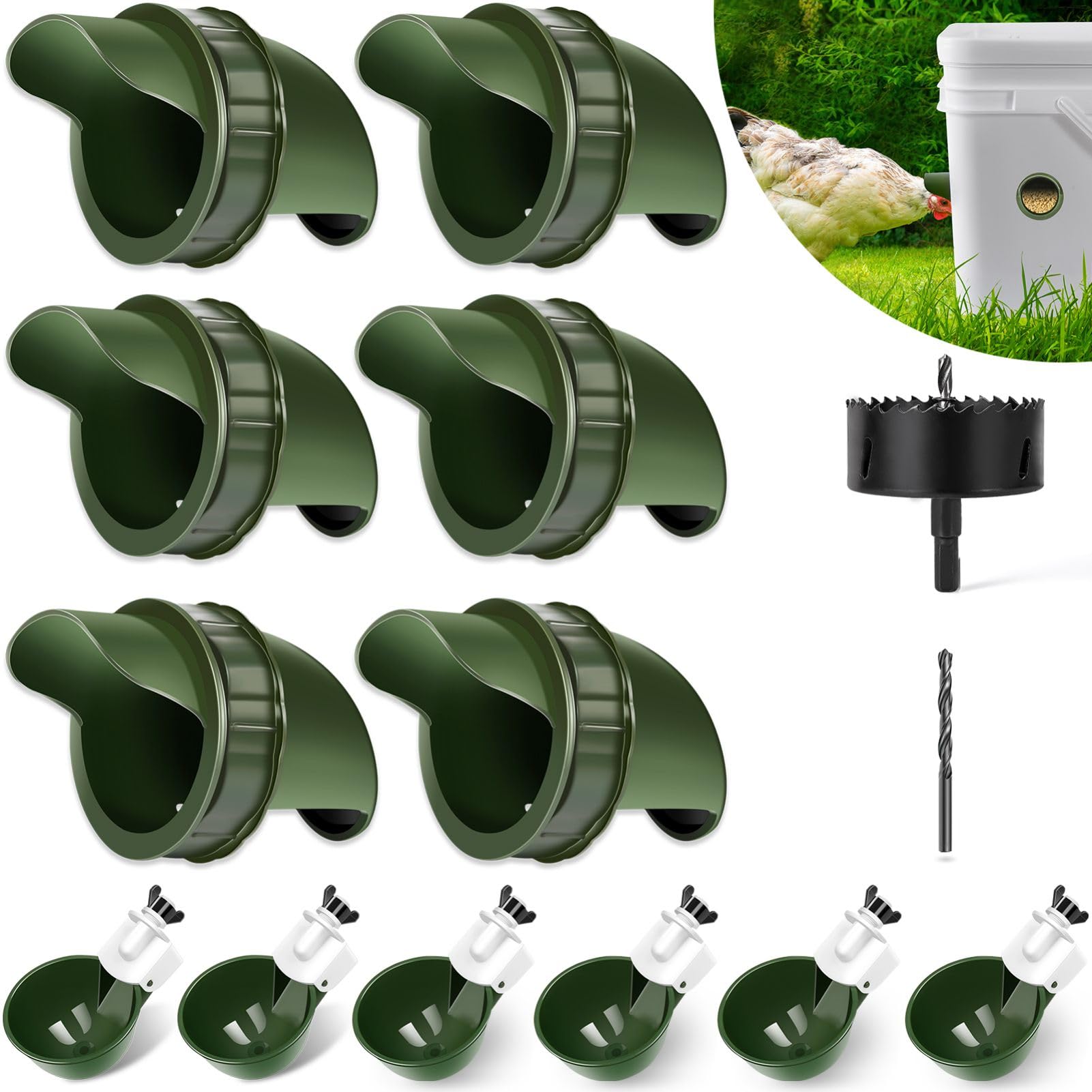 12pcs Hipykat Chicken Feeder Port Waterer Cups Set - No Waste Gravity Automatic Poultry Feeder for Bucket Barrel Trough Bin | Rainproof DIY Reusable Chicken Water Feeder for Ducks Geese Roosters | Perfect for Coop Farm Backyard Poultry Feeding System