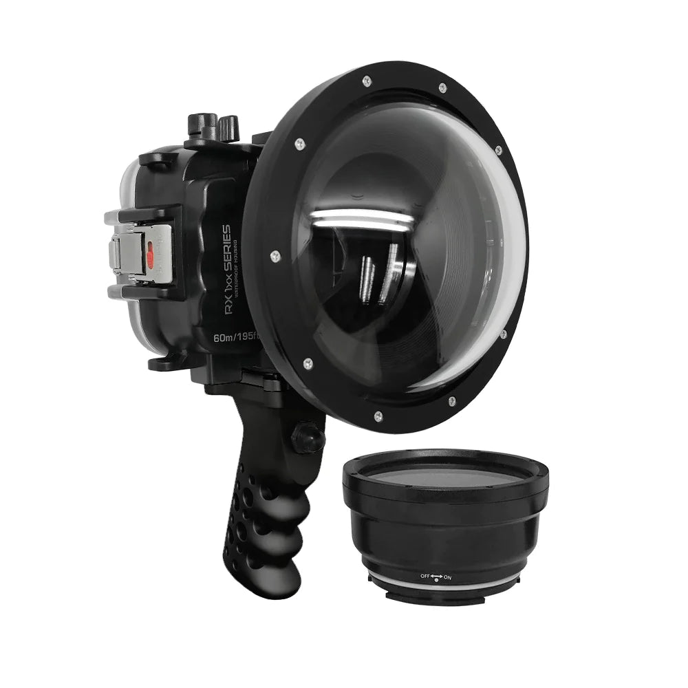 Waterproof Housing for Sony RX1xx Series - 60M/195FT Depth Rating, Salted Line with Aluminum Pistol Grip & 6 Dry Dome Port - Ideal for Surf Photography, Underwater Diving & Marine Exploration (Black)