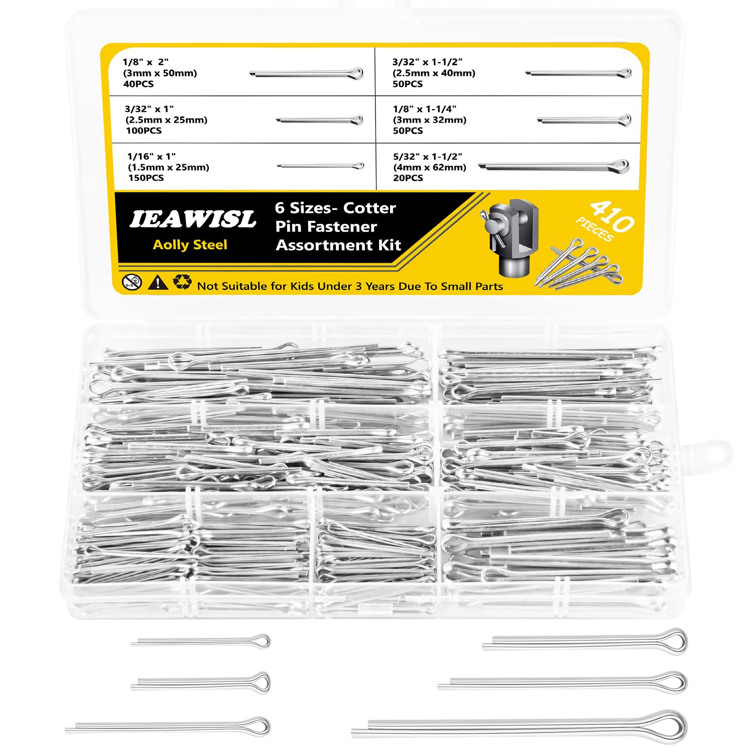 410PCS Cotter Pins Assortment Kit - 6 Sizes Zinc Plated Carbon Steel Hairpin Cotter Pins Fasteners for Automotive, Axles, Trailer Hitch, Tractors - Perfect for Vehicle Repairs, Machinery Maintenance & DIY Projects
