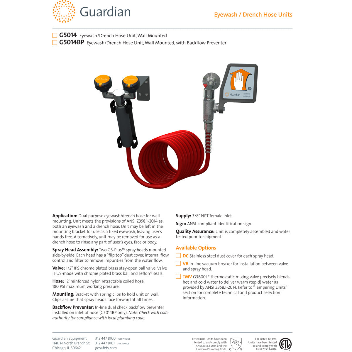 Guardian G5014BP Wall Mounted Eyewash & Drench Hose Unit with Backflow Preventer - Emergency Eye Wash Station for Laboratories, Factories & Industrial Safety