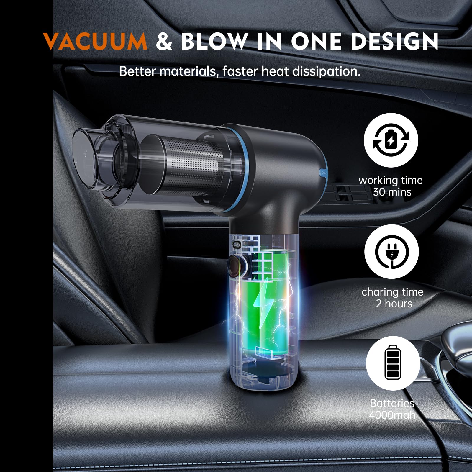 4-IN-1 Cordless Car Vacuum Cleaner - 12000Pa Powerful Handheld Vacuum with Air Blower for Car, Home & Pet Hair - Portable Mini Vacuum with LED Light, Dual Filtration & Multi Nozzles (Blue) - Perfect for Car Detailing, Home Cleaning & Pet Grooming